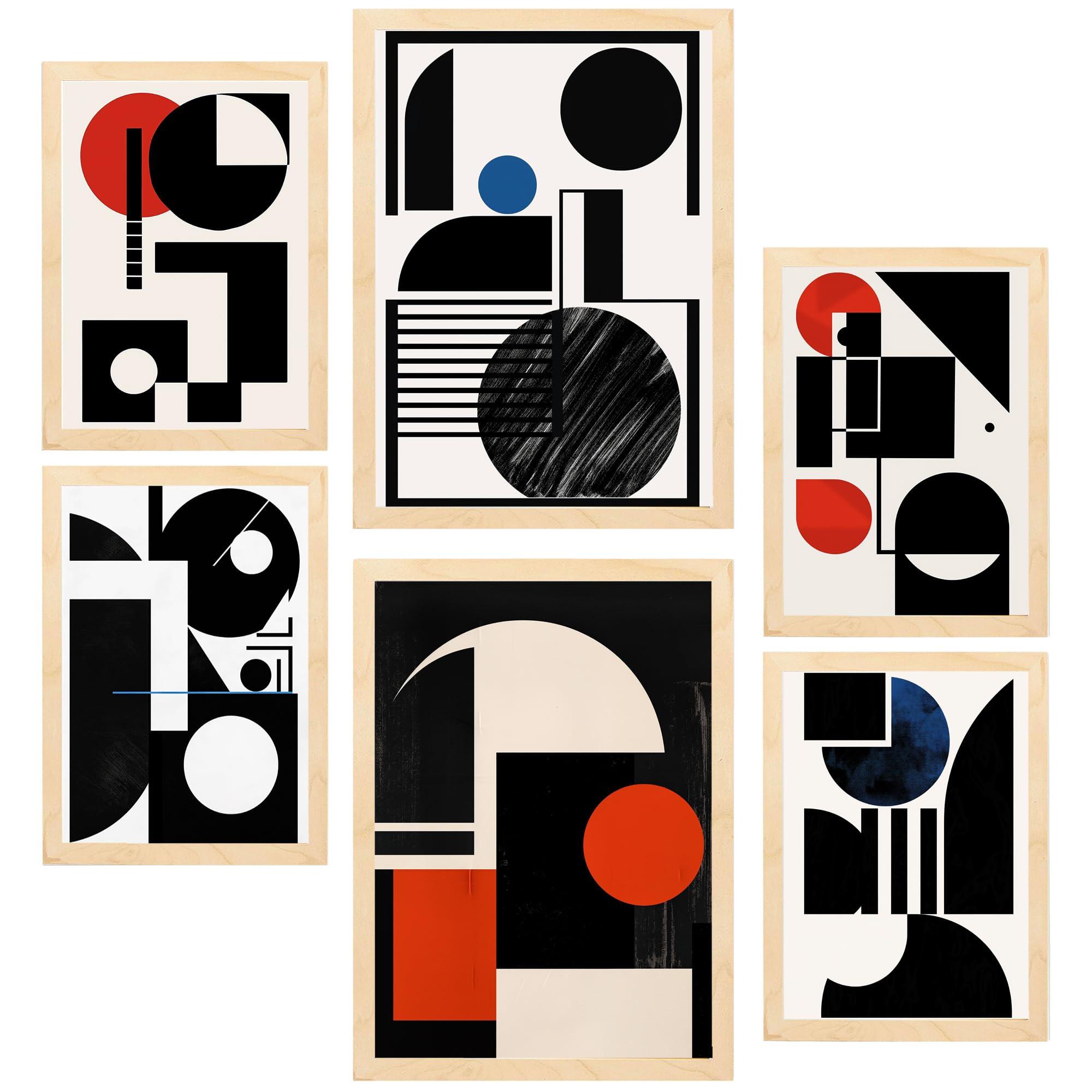 POSTER Set Mit 6 Bauhaus Blau Rot Schwarz A3 & A4 Rahmen Aus Hellem Holz - Beige, Papier (29/3cm) - Nacnic