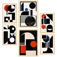 POSTER Set Mit 6 Bauhaus Blau Rot Schwarz A3 & A4 Rahmen Aus Hellem Holz - Beige, Papier (29/3cm) - Nacnic