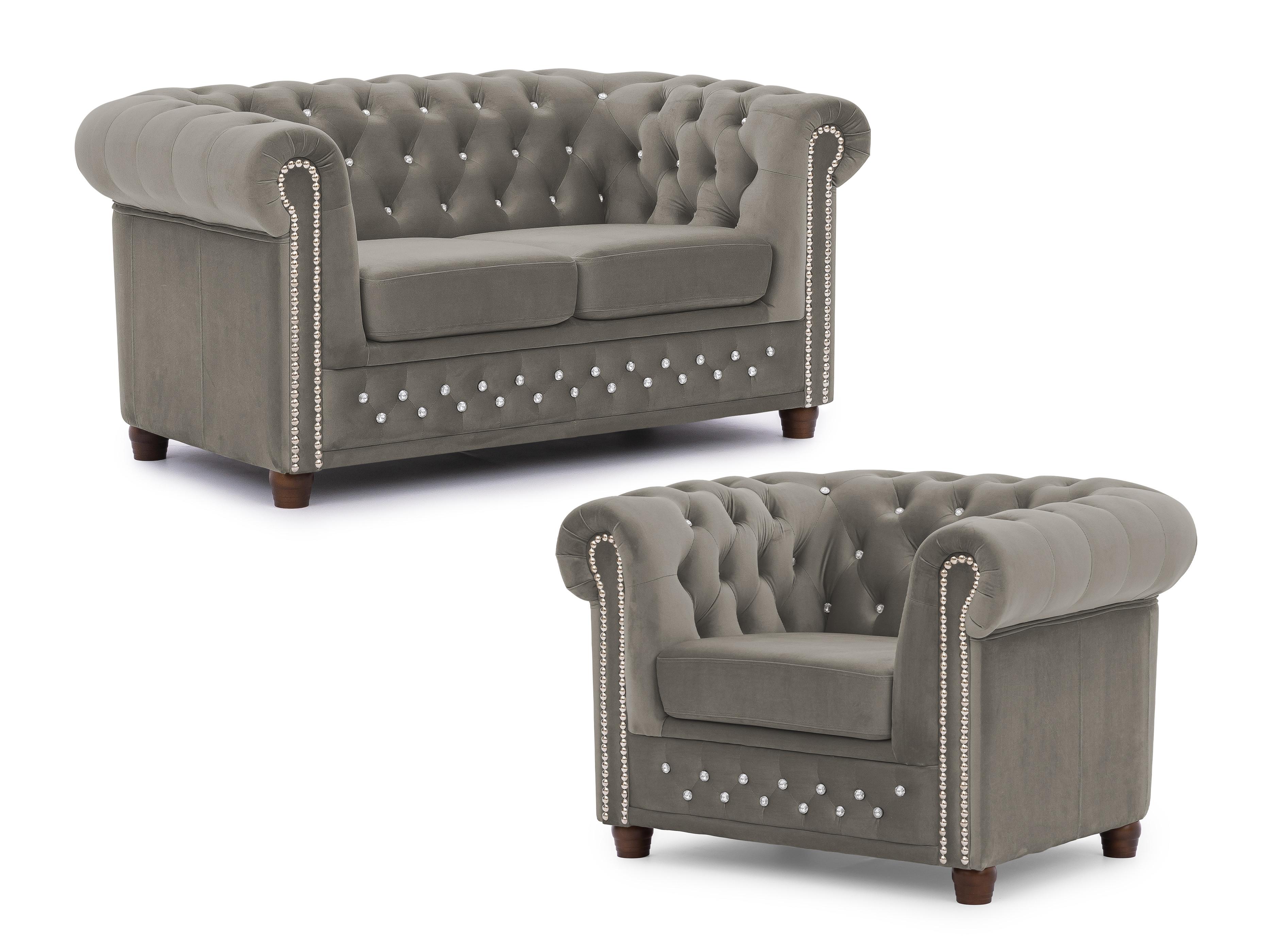 SITZGARNITUR 2+1 Chesterfield Cleo Blink Grau Samt mit Kristallsteppung und braunen Massivholzfüßen - Beige/Braun, Holz/Textil (148/72/86cm) - S-Style Möbel