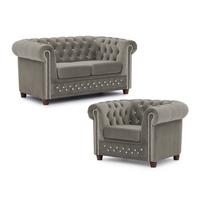 SITZGARNITUR 2+1 Chesterfield Cleo Blink Grau Samt mit Kristallsteppung und braunen Massivholzfüßen - Beige/Braun, Holz/Textil (148/72/86cm) - S-Style Möbel