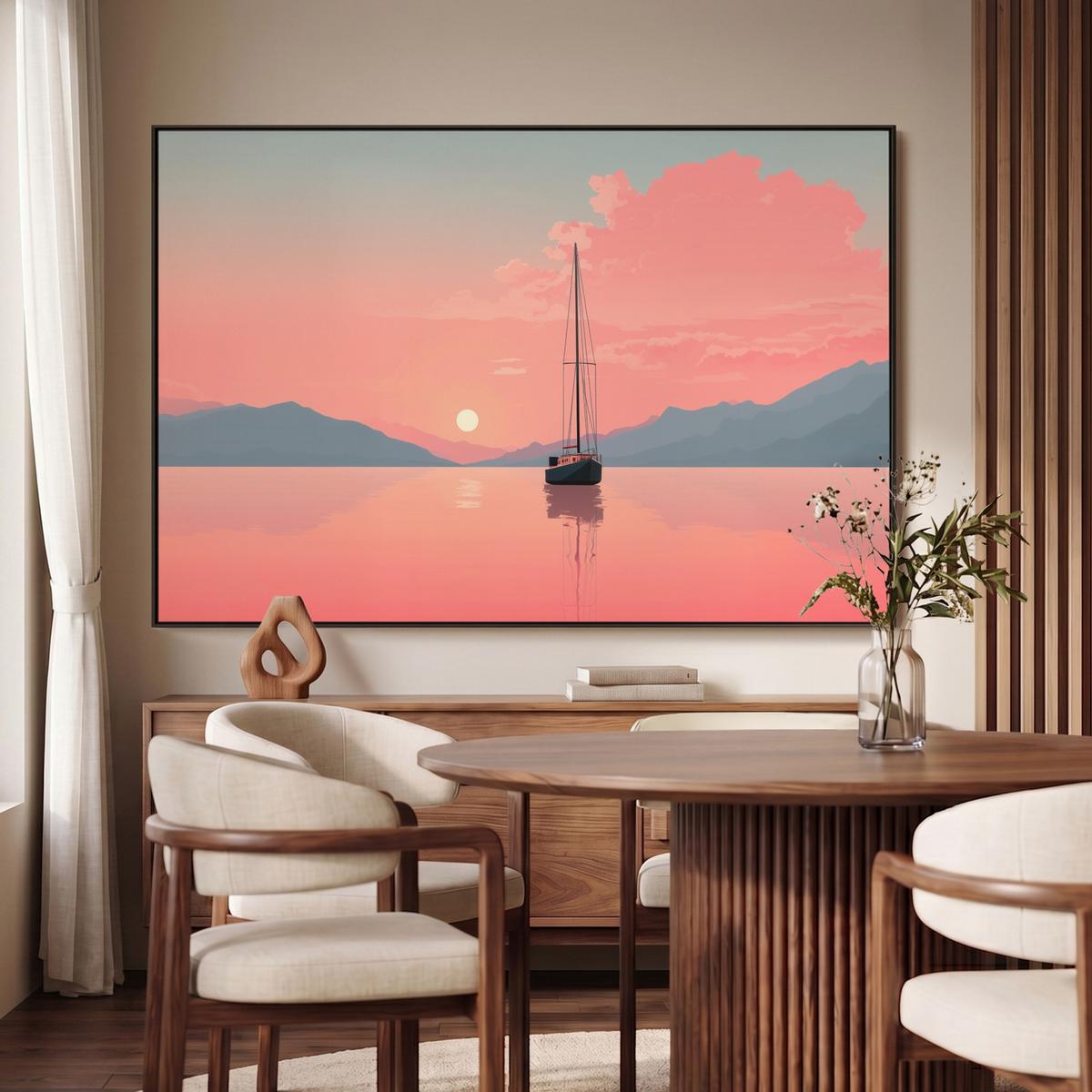LEINWAND Bilder mit Rahmen - Segelboot - Rosa Meer - Sonnenuntergang - Berge - 140x90 - Rosa, Textil (140/90cm) - MuchoWow