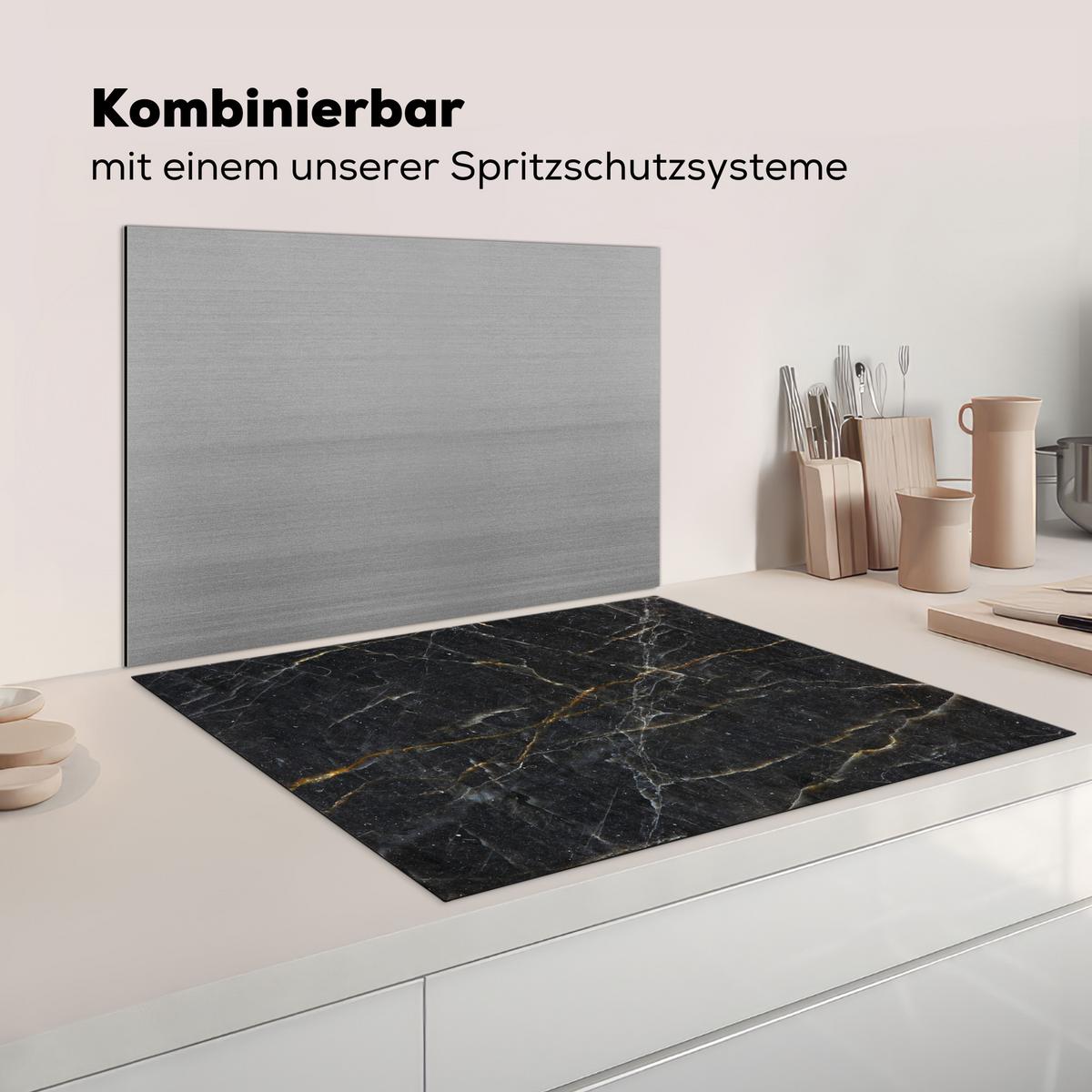 HERDABDECKPLATTE Marmor - Schwarz - Gold - Grau - Marmorstruktur Induktionsmatte 77x59 cm - Goldfarben, Kunststoff (77/59/0.2cm) - MuchoWow
