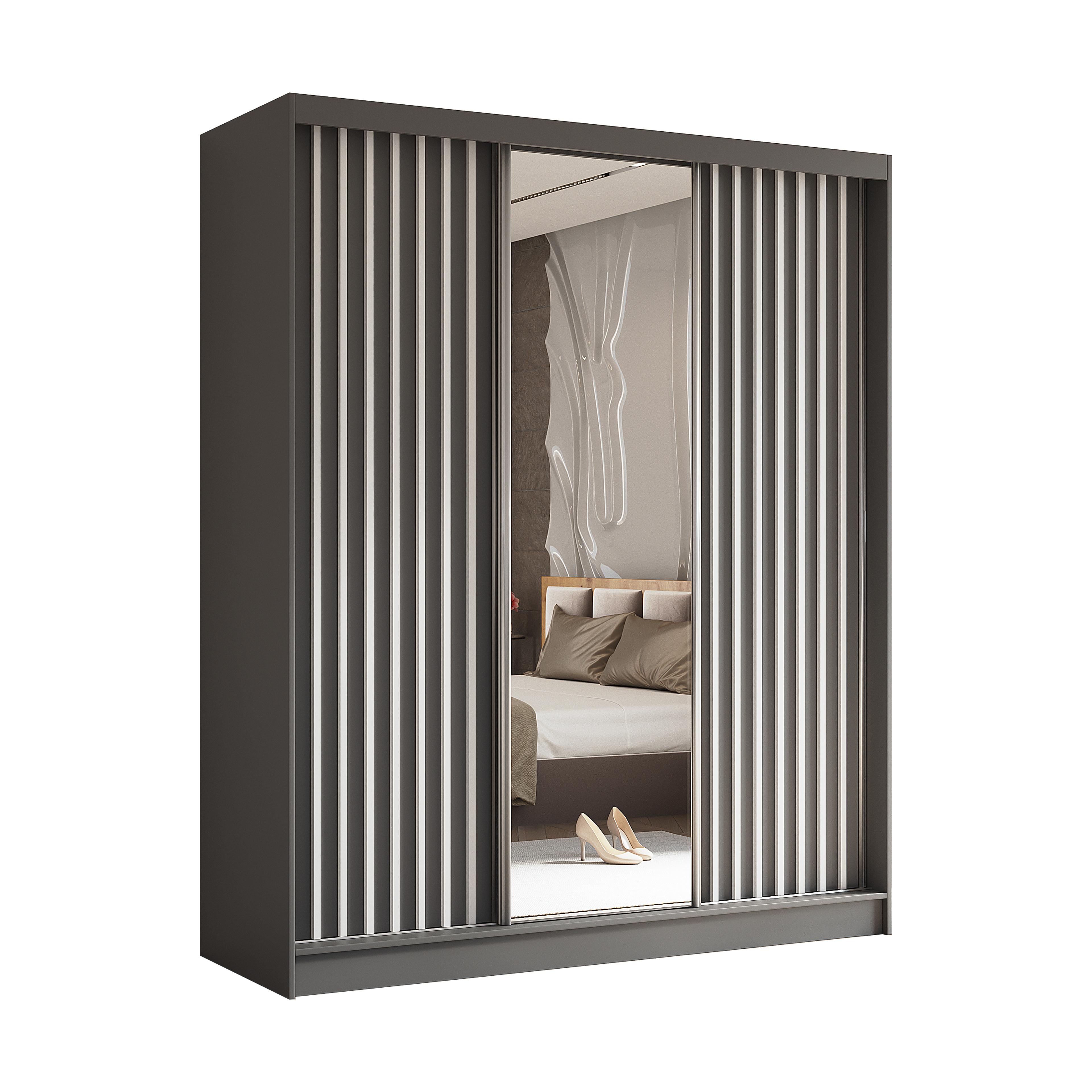 SCHWEBETÜRENSCHRANK Cabinio Grau Weiß 180/216/61 cm – mit Spiegel und Lamellen - Weiß/Grau, Holzwerkstoff/Kunststoff (180/216/61cm) - AX Living