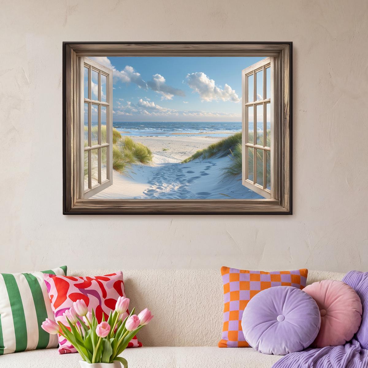 LEINWAND Bilder mit Rahmen - Aussicht - Strand - Fenster - Dünen - Meer - 100x70 - Hellblau, Textil (100/70cm) - MuchoWow