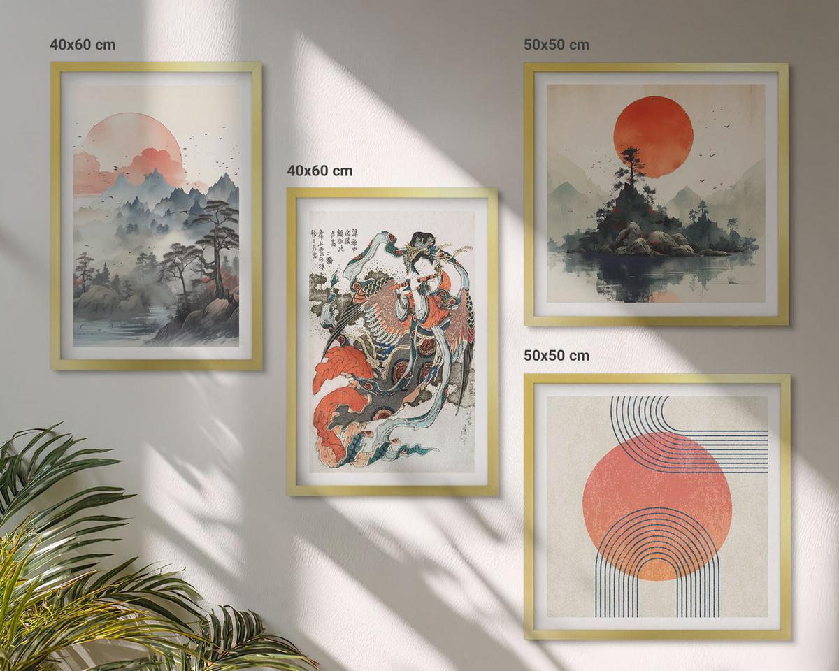 BILDER SET 4er Set - 50x50 cm & 40x60 cm Goldrahmen - Asiatische Landschaften Japandi - Goldfarben, Kunststoff (50/50cm) - TULUP