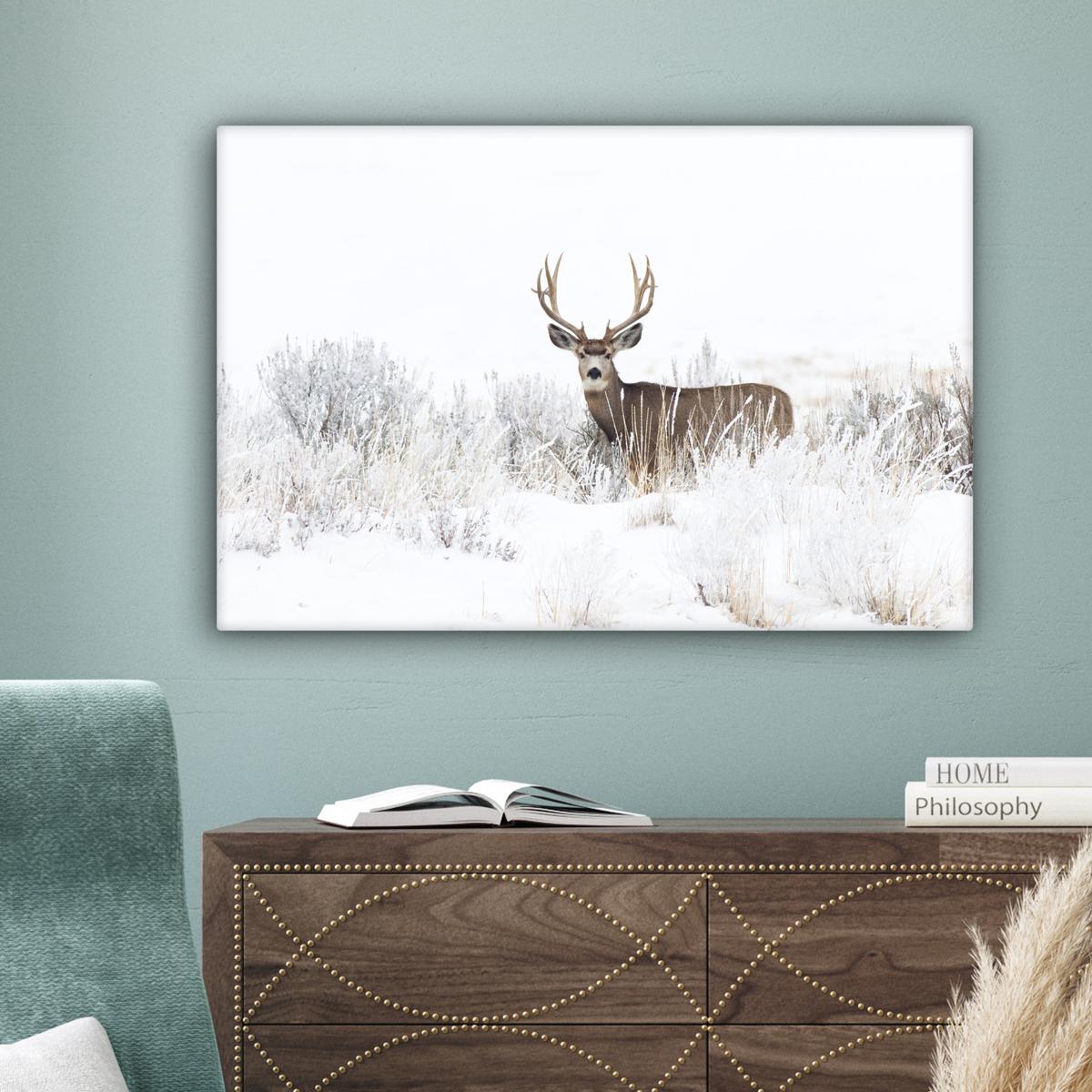 LEINWANDBILD Hirsche - Winter - Schnee - Tiere - Jahreszeiten - Weiß Wanddeko 90x60 cm - Hellbraun, Textil (90/60cm) - MuchoWow
