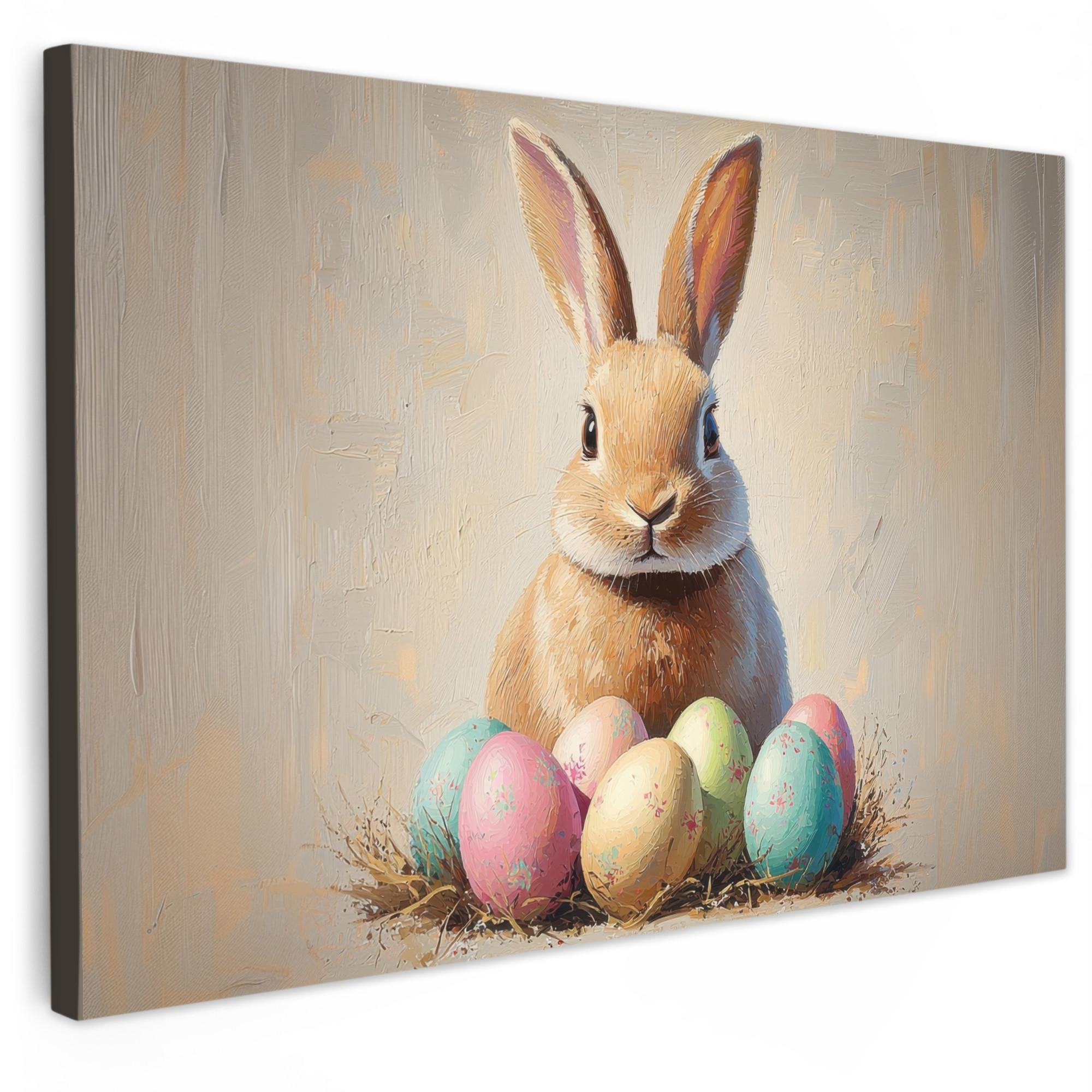 LEINWANDBILD Osterhase - Pastell - Eier Gemälde 60x40 cm - Beige, Textil (60/40cm) - MuchoWow