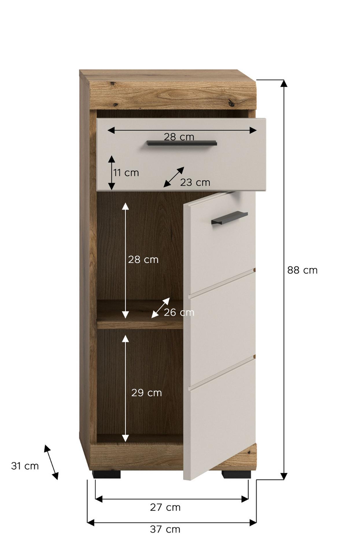 BADKOMMODE Sand Kashmir, Eiche, Badschrank 37 x 88 cm mit Vollauszug - Kastanienfarben/Kaschmir, Holzwerkstoff/Kunststoff (37/88/31cm) - Inn.Furn