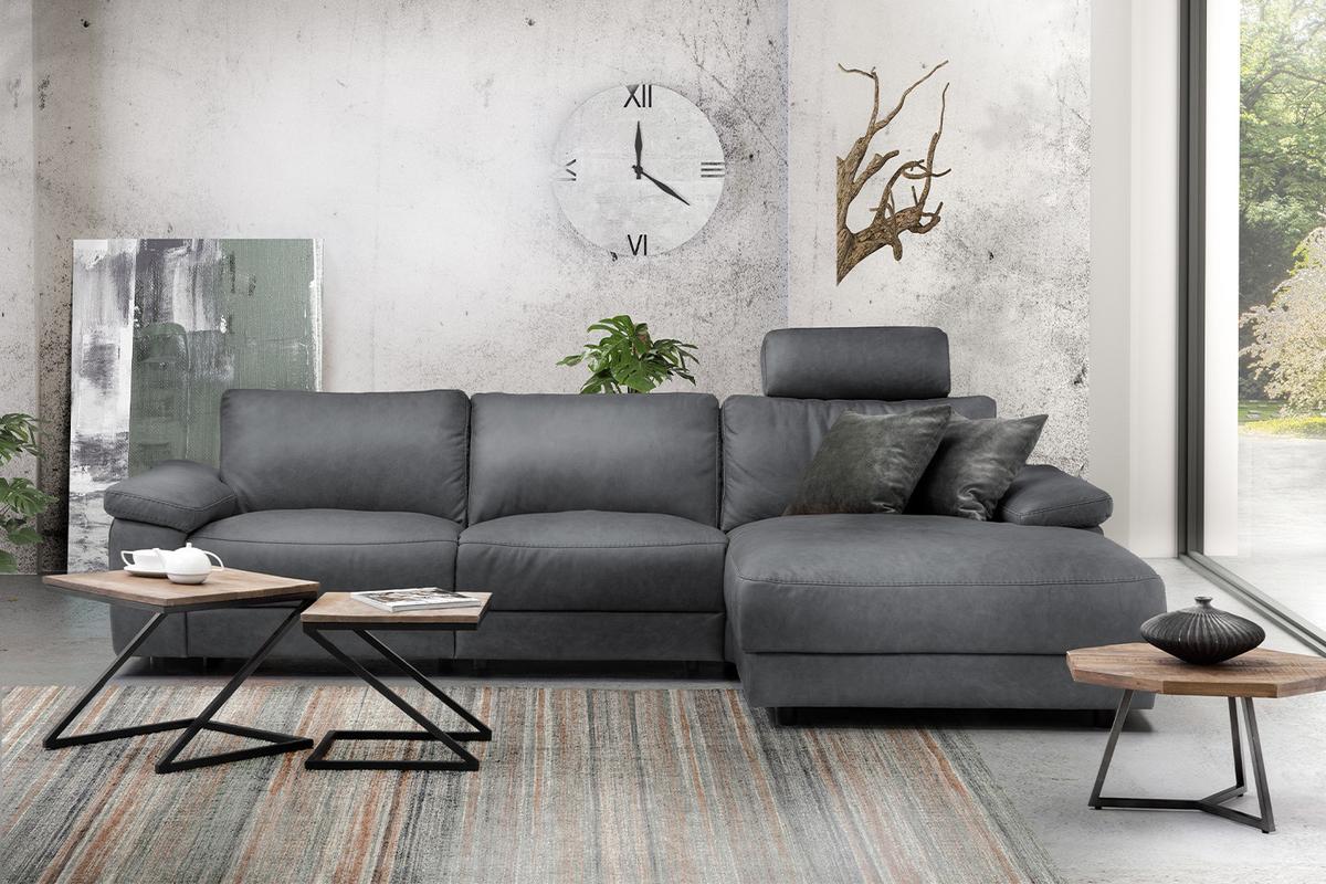ECKSOFA XL MOTORISCHER RELAXFUNKTION LOLA Grau Leder Relaxfunktion - Schwarz/Grau, Leder (304/178cm) - KAWOLA