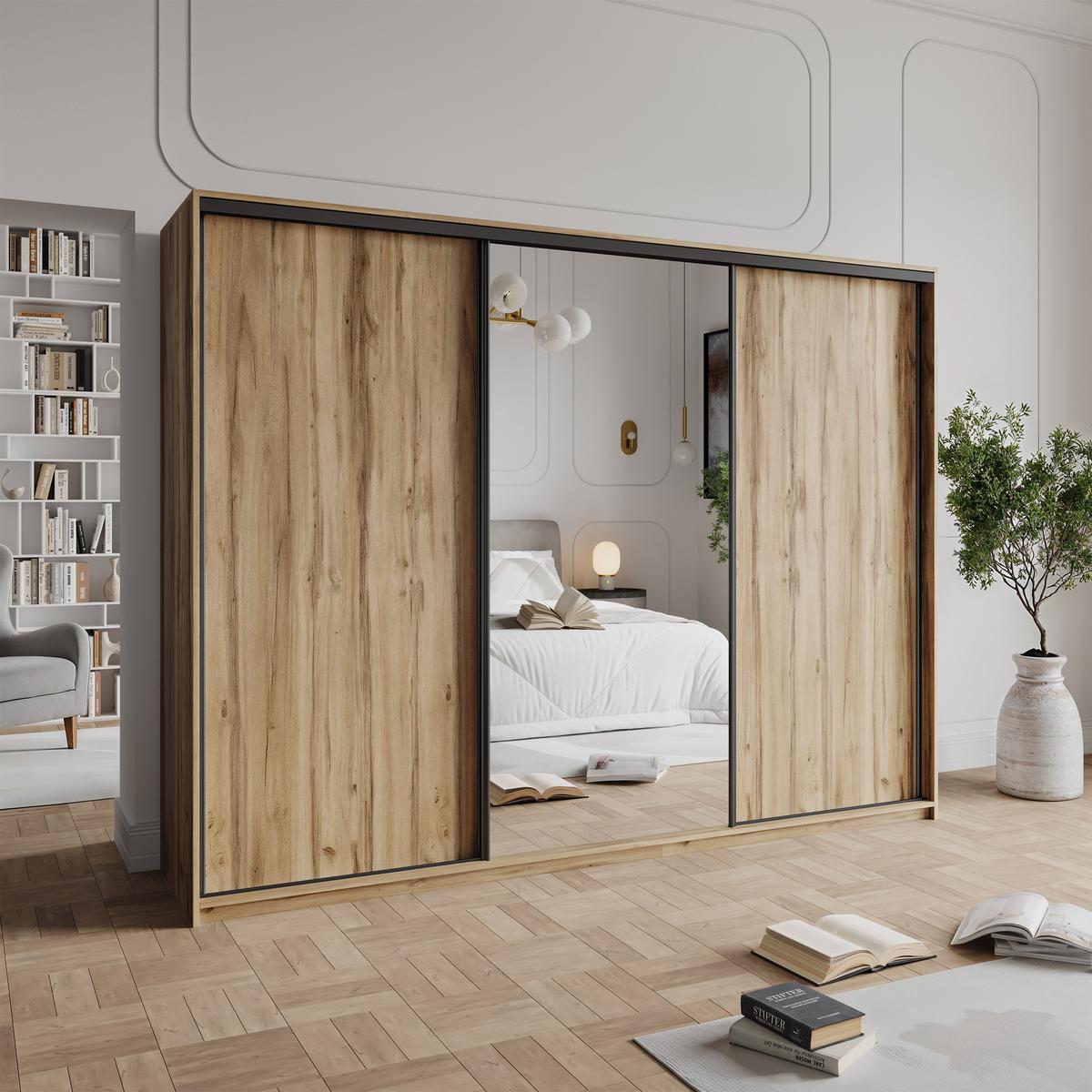 SCHWEBETÜRENSCHRANK TAVI 270/205/60 cm 3-türig mit Spiegel Eiche Wotan - Eiche Wotan, Holzwerkstoff (270/205/60cm) - MASSENO