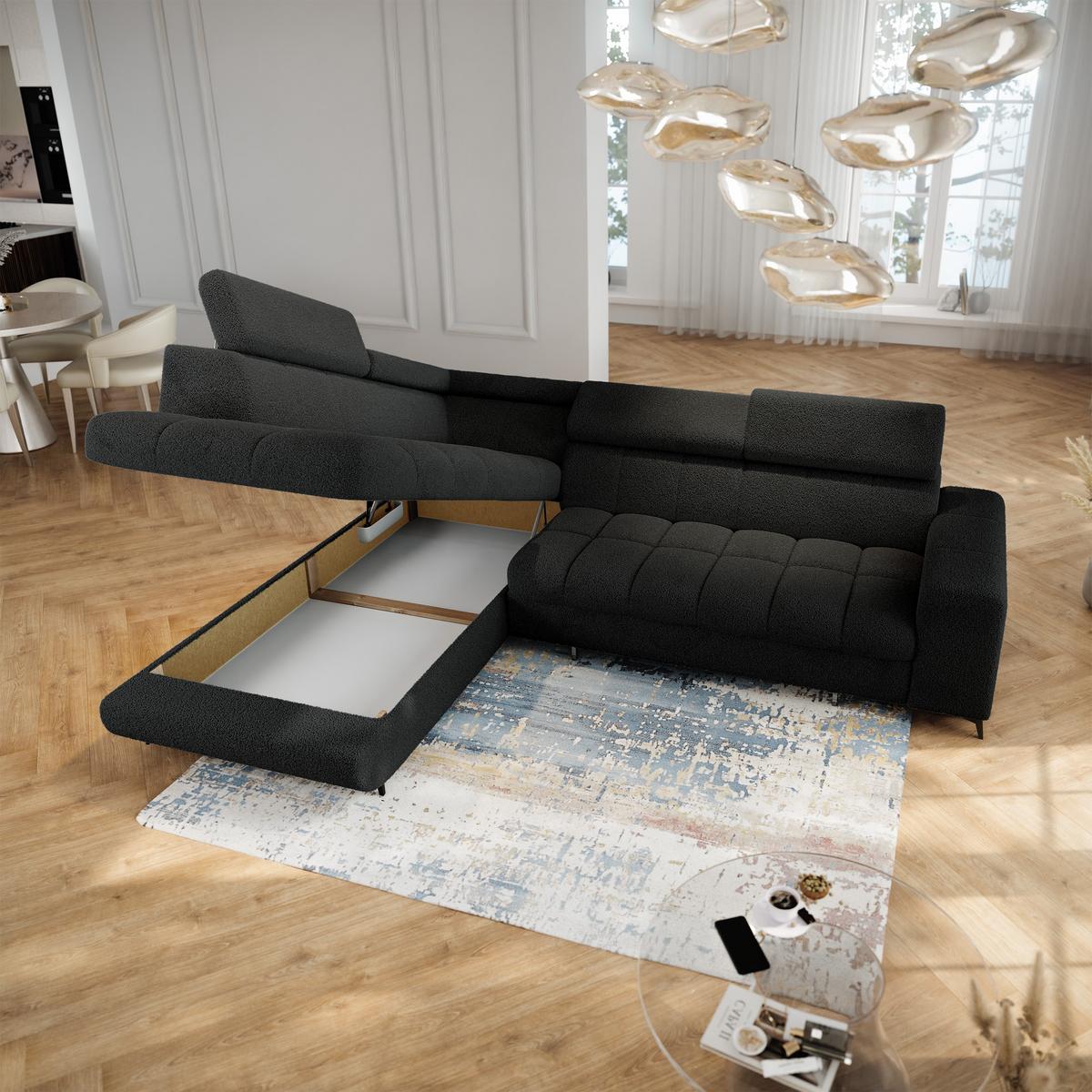 ECKSOFA MORIVA Q L-S Schwarz Boucle-Stoff mit Schlaffunktion - Schwarz, Holzwerkstoff/Textil (253/190cm) - MASSENO