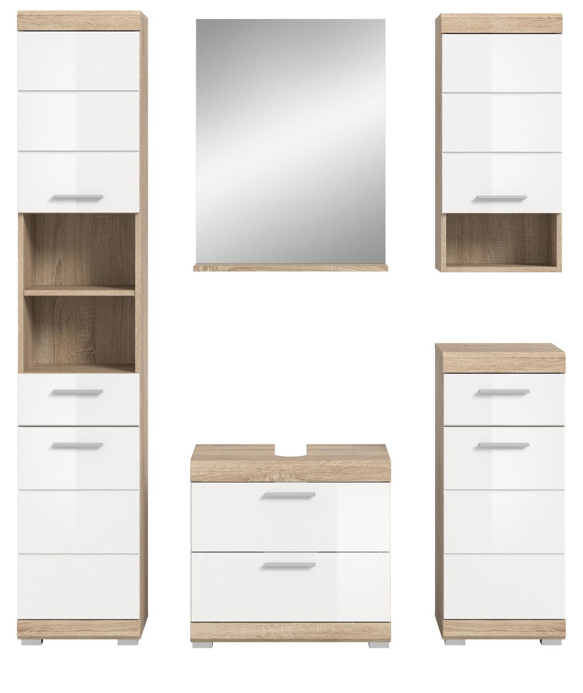 BADMÖBEL-SET weiß Hochglanz, Eiche 5-teilig 164 cm, Komplettset mit viel Stauraum - Weiß Hochglanz/Eichefarben, Holzwerkstoff (164/191/37cm) - Inn.Furn