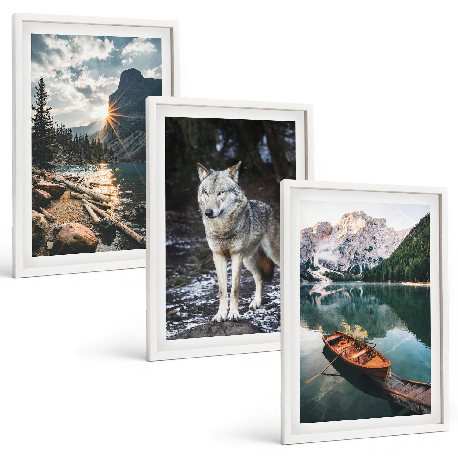 BILDER SET 3er Set - 40x60 cm Weißer Rahmen - Berge, Seen, Wölfe, Natur - Weiß, Kunststoff (40/60cm) - TULUP
