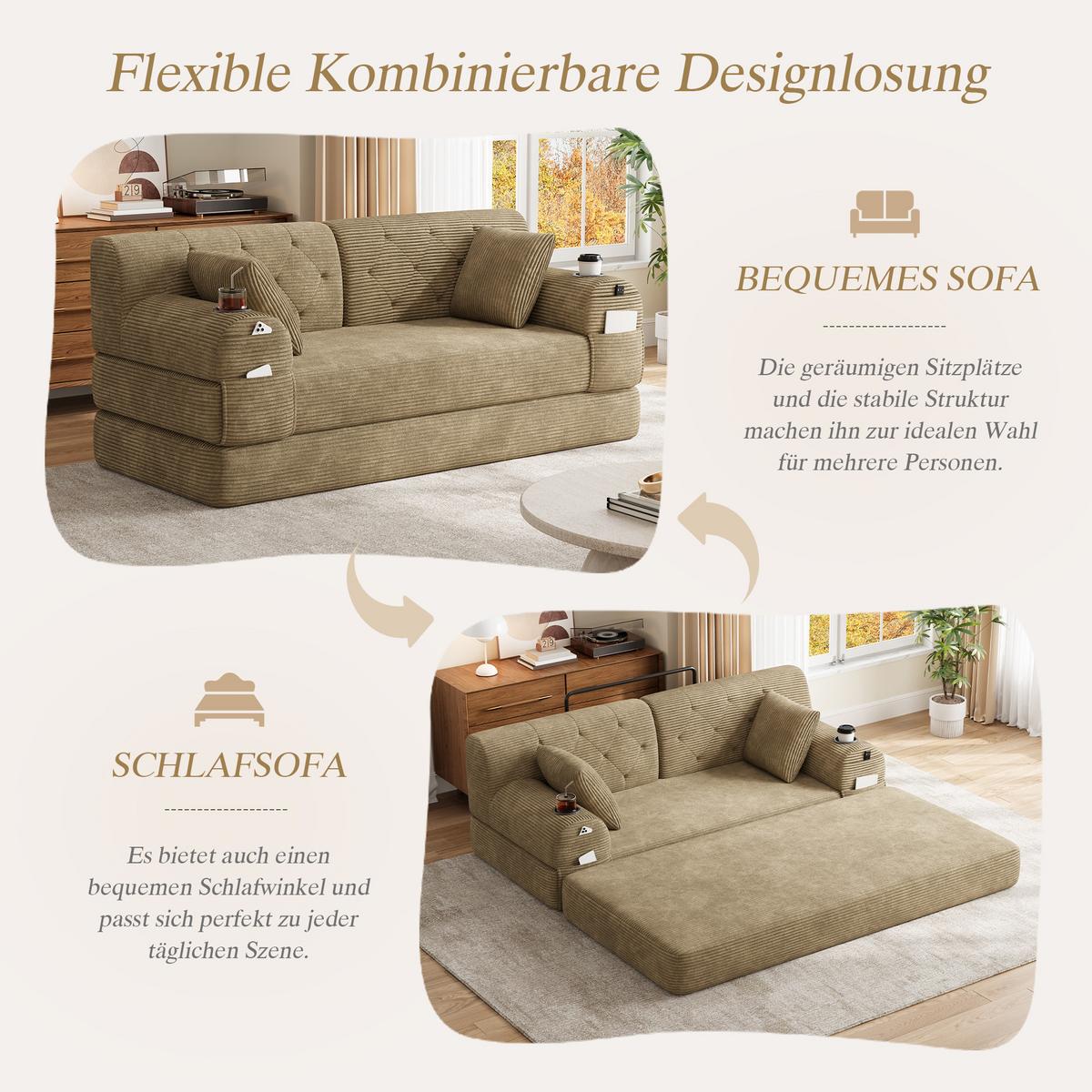 SCHLAFSOFA 2-Sitzer Cord mit Schlaffunktion, Getränkehalter & Taschen - Sandfarben, Textil (168/81/80cm) - Urban Meuble