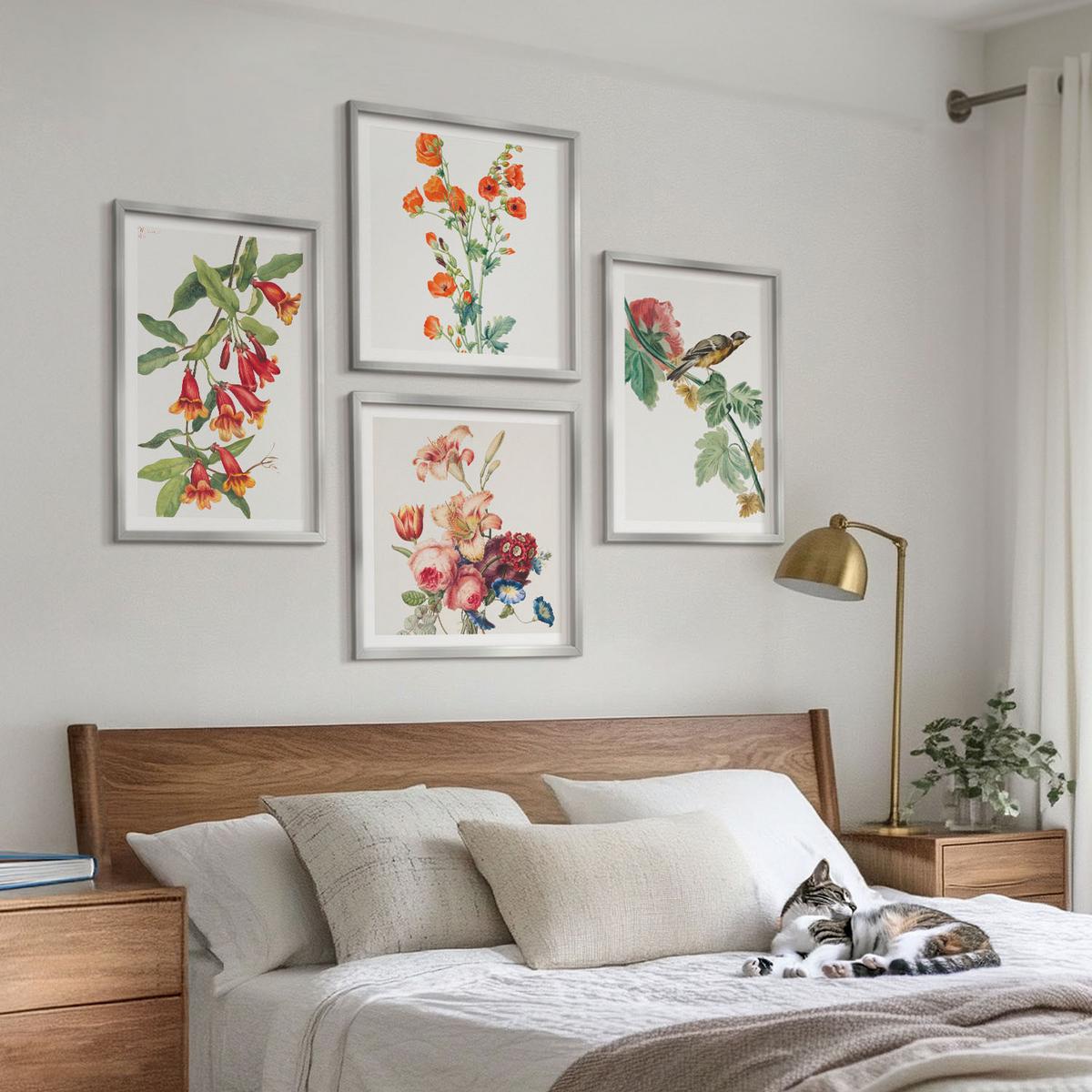 BILDER SET 4er Set - 50x50 cm & 40x60 cm Silberner Rahmen - Gemalte Blumen, Retro-Vogel - Silberfarben, Kunststoff (50/50cm) - TULUP