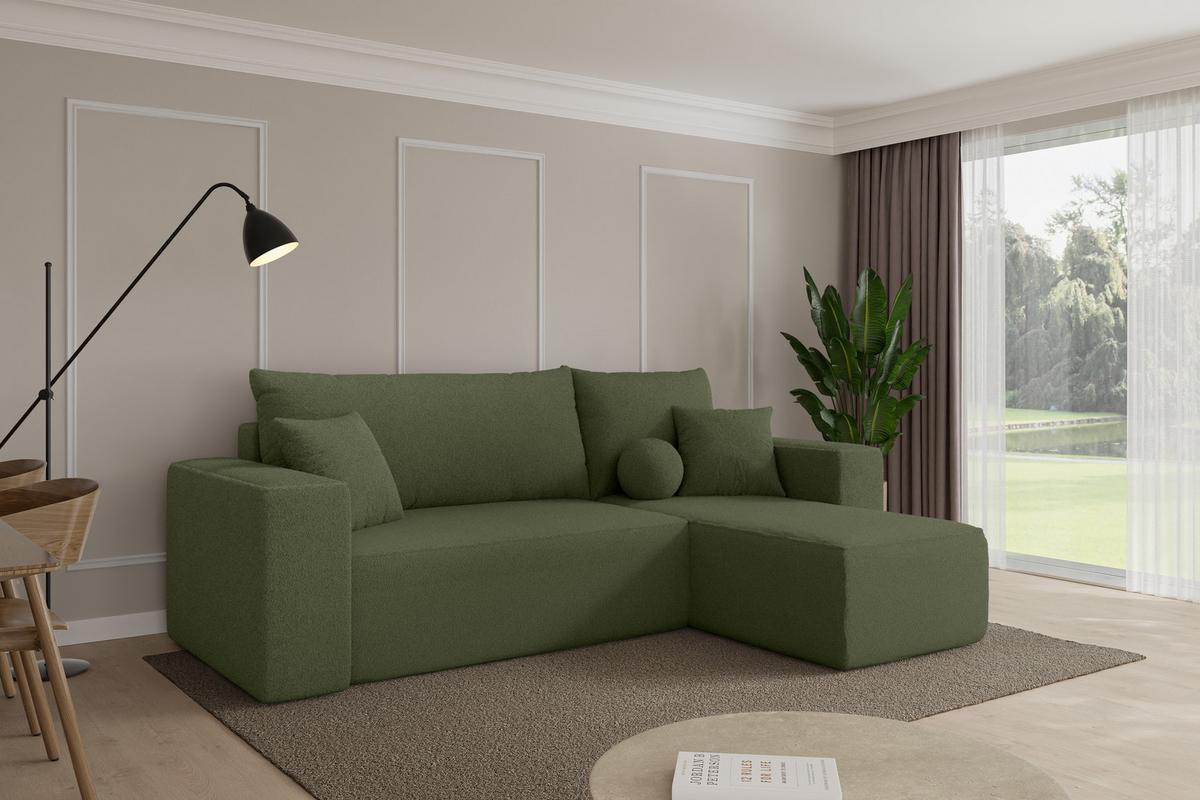 ECKSOFA mit Schlaffunktion Ottomane Rechts SENO-L 249x139x85 Grün Bouclé - Schwarz/Olivgrün, Holzwerkstoff/Kunststoff (249/139cm) - ALTDECOR