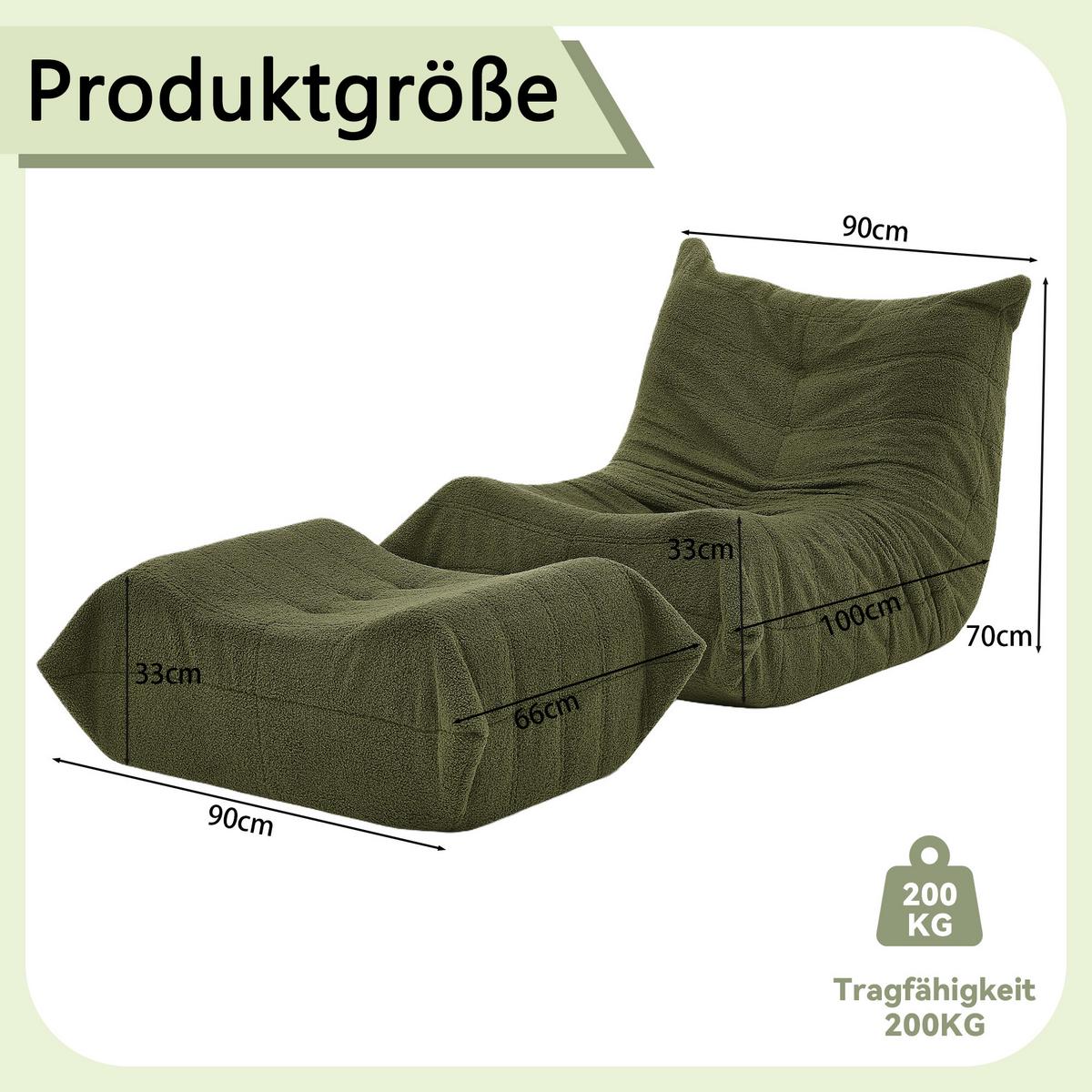 LAZY SOFA Teddyfell Optik mit Hocker weich & ergonomisch - Grün, Textil (100/70/90cm) - Urban Meuble