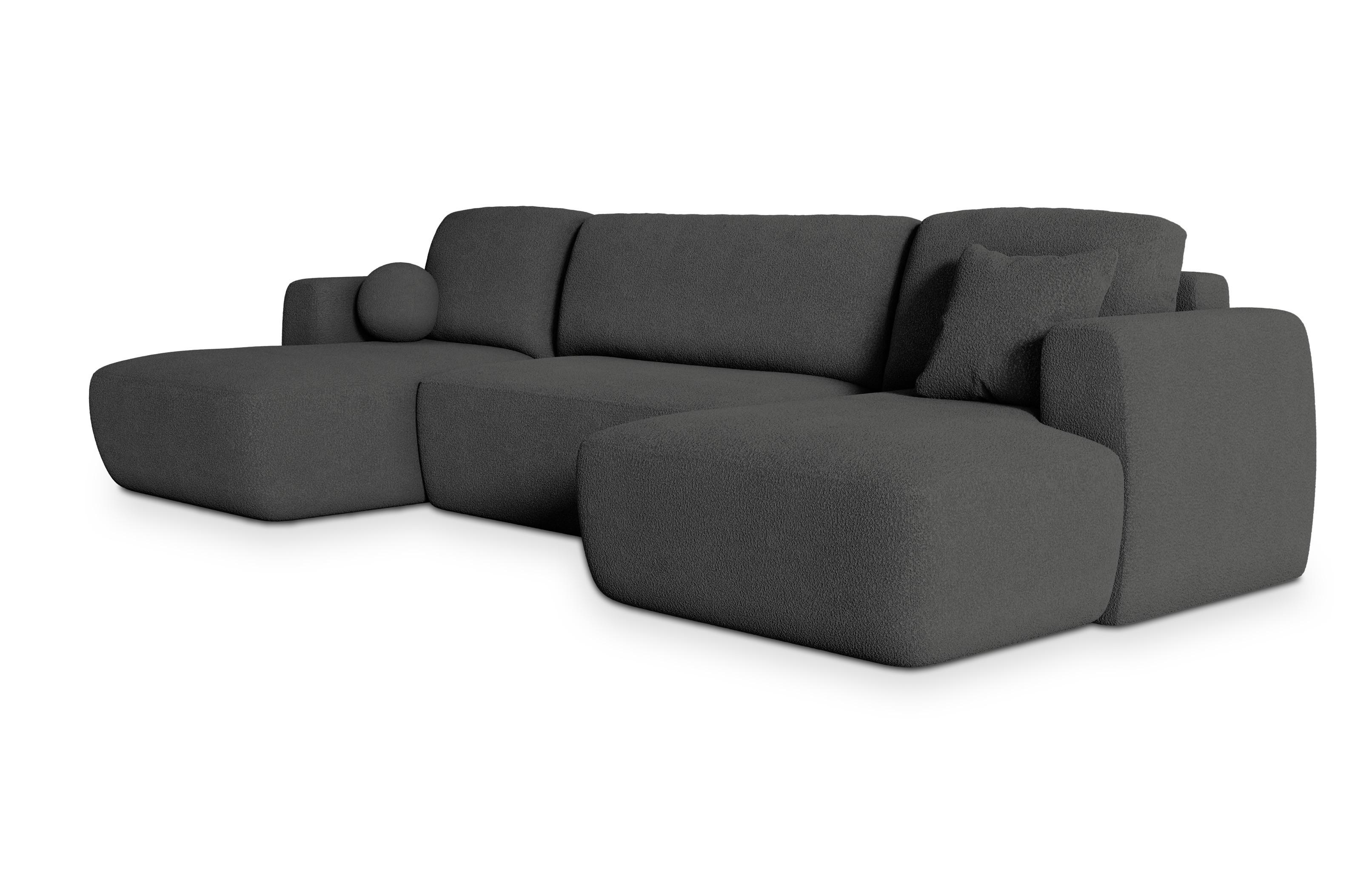WOHNLANDSCHAFT SENTUM N Grau Boucle-Stoff mit Schlaffunktion - Schwarz/Grau, Holz/Kunststoff (330/90/148cm) - MASSENO