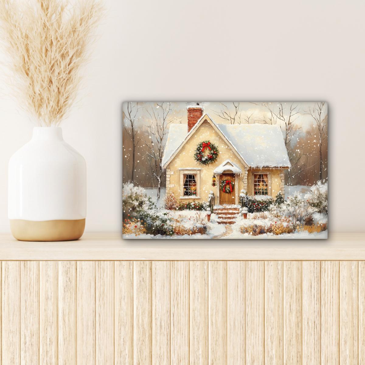 LEINWANDBILD Weihnachten - Zuhause - Winter - Schnee Deko Schlafzimmer 30x20 cm - Creme, Textil (30/20cm) - MuchoWow