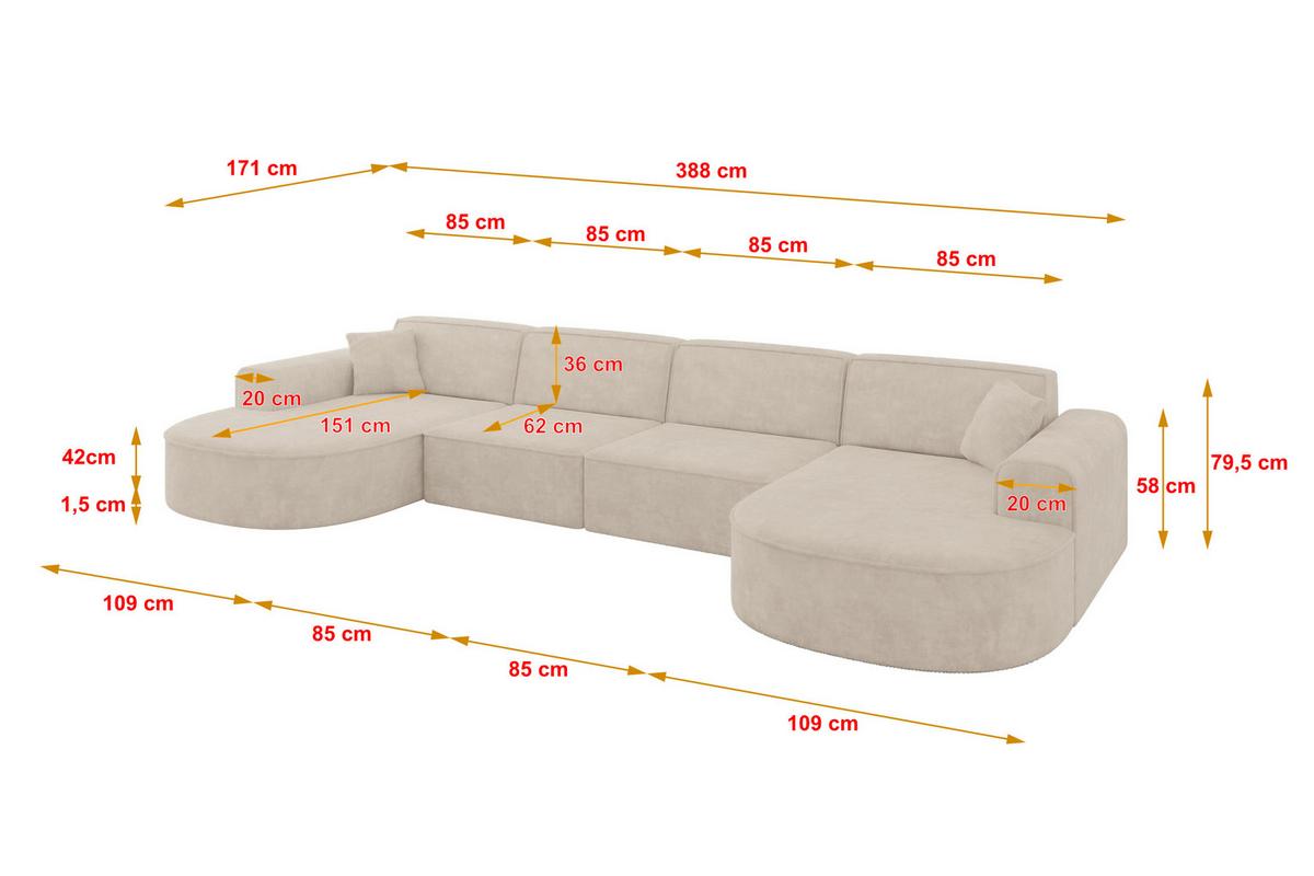 WOHNLANDSCHAFT MARI-U2 - 388x171x79 cm Beige Velours - Beige/Schwarz, Holzwerkstoff/Kunststoff (388/79/171cm) - ALTDECOR