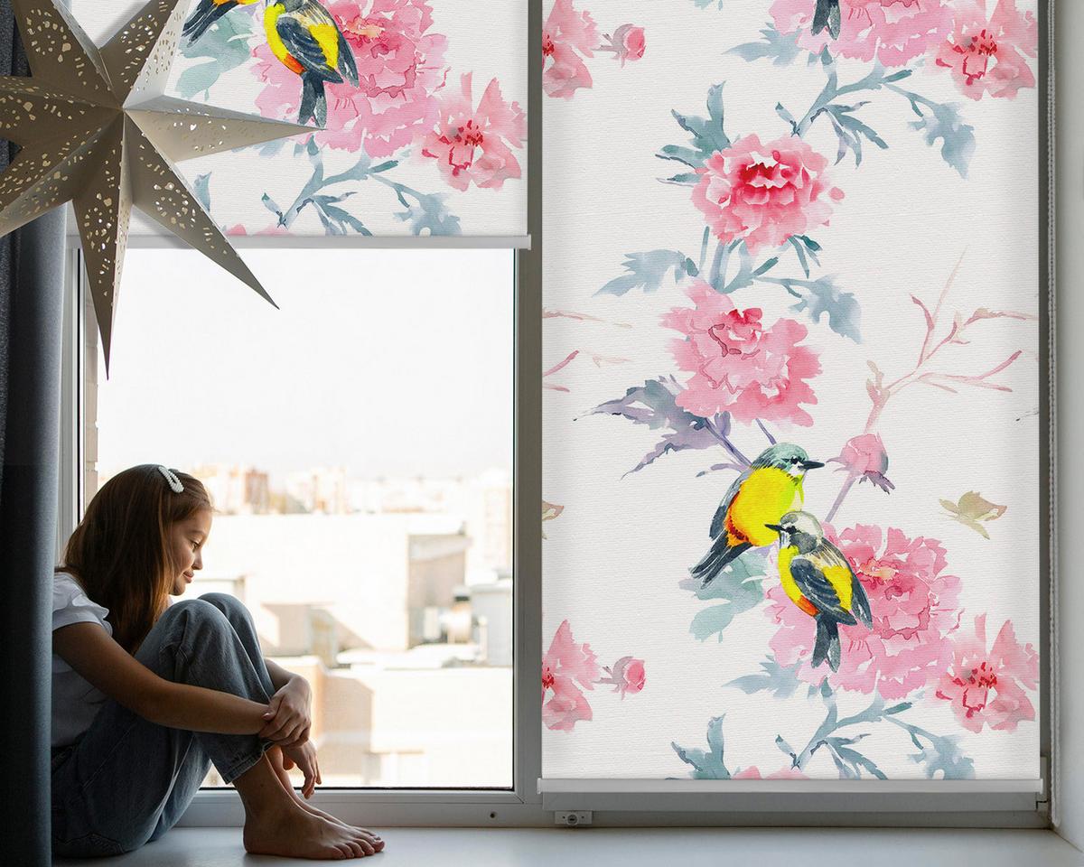 INNENROLLO - Fensterrollo - Rollo - 150x180 cm - Vögel auf Blumen - Gelb, Kunststoff (150/180/0.5cm) - TULUP