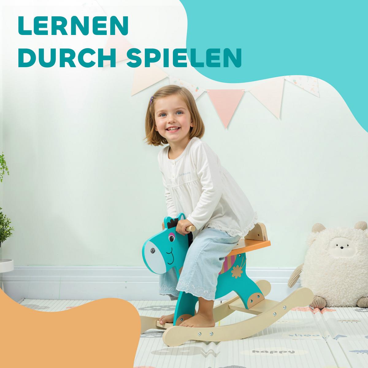 SCHAUKELPFERD Holz, Kinder Schaukeltier Esel mit Haltegriffen Schaukel Blaugrün - Dunkelgrün, Holzwerkstoff (27/44/59cm) - AIYAPLAY