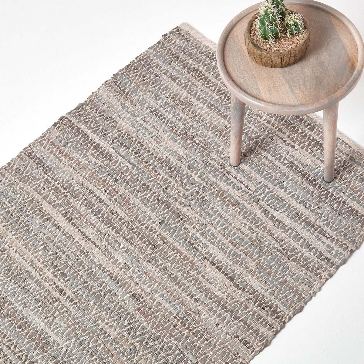 LEDERTEPPICH gewebt mit Rautenmuster 90/150 cm - Grau, Leder (90/150cm) - Homescapes