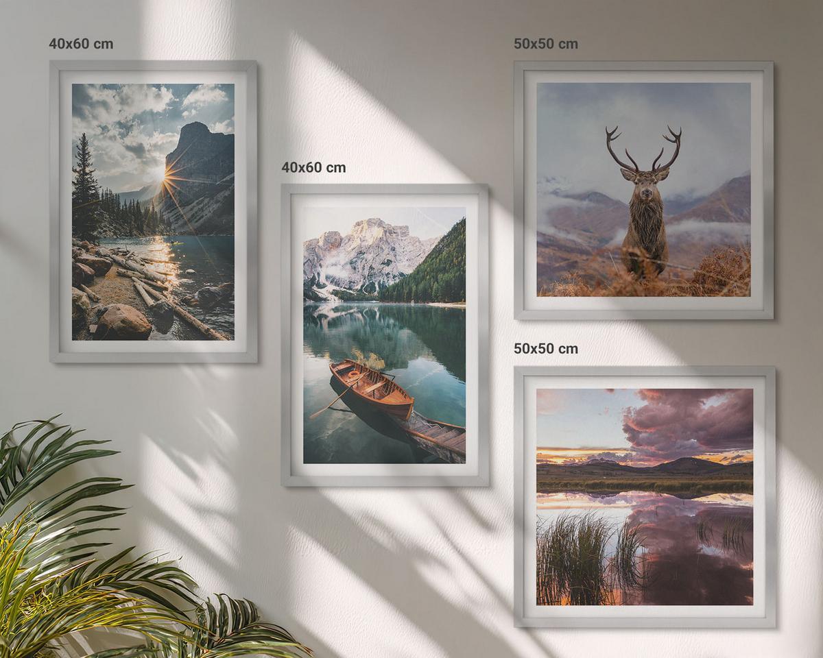 BILDER SET 4er Set - 50x50 cm & 40x60 cm Silberner Rahmen - Bergsee, Bootsfahrt, Sonnenuntergang, Hirsche - Silberfarben, Kunststoff (50/50cm) - TULUP