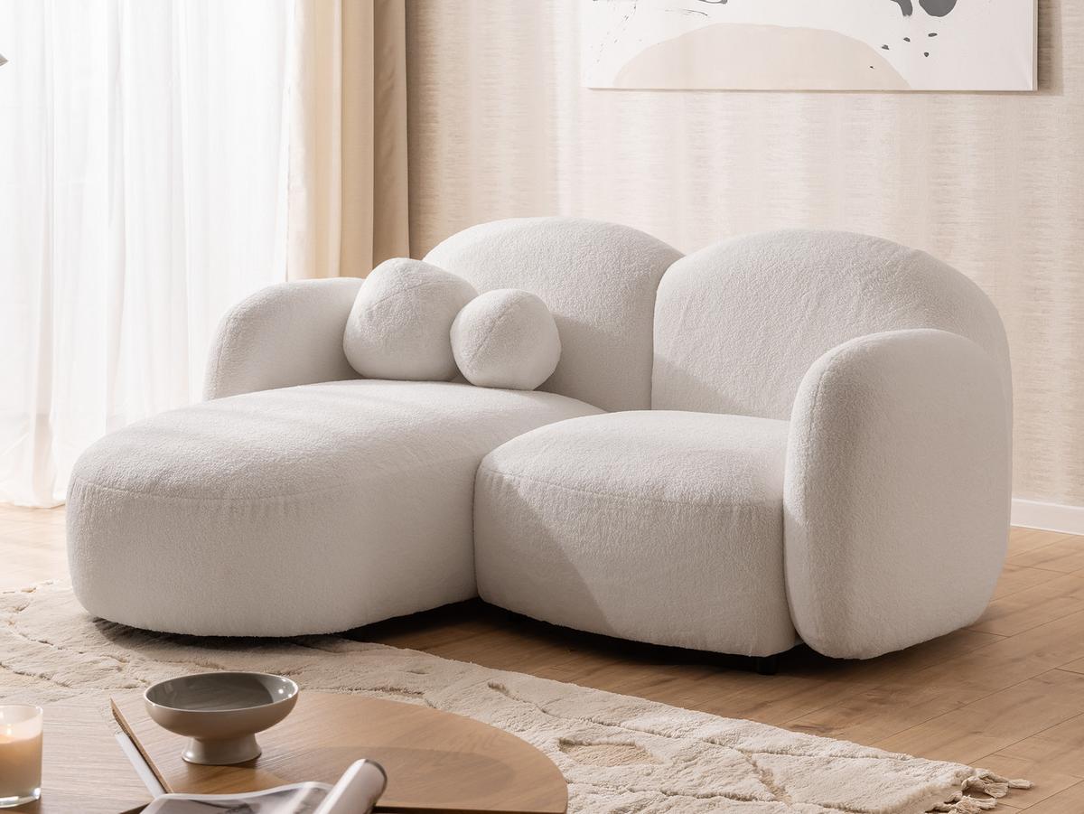 ECKSOFA Nuvola mit abgerundetem Design Weiß Bouclé-Stoff - Ottomane Links - Schwarz/Weiß, Holz/Kunststoff (190/146cm) - S-Style Möbel
