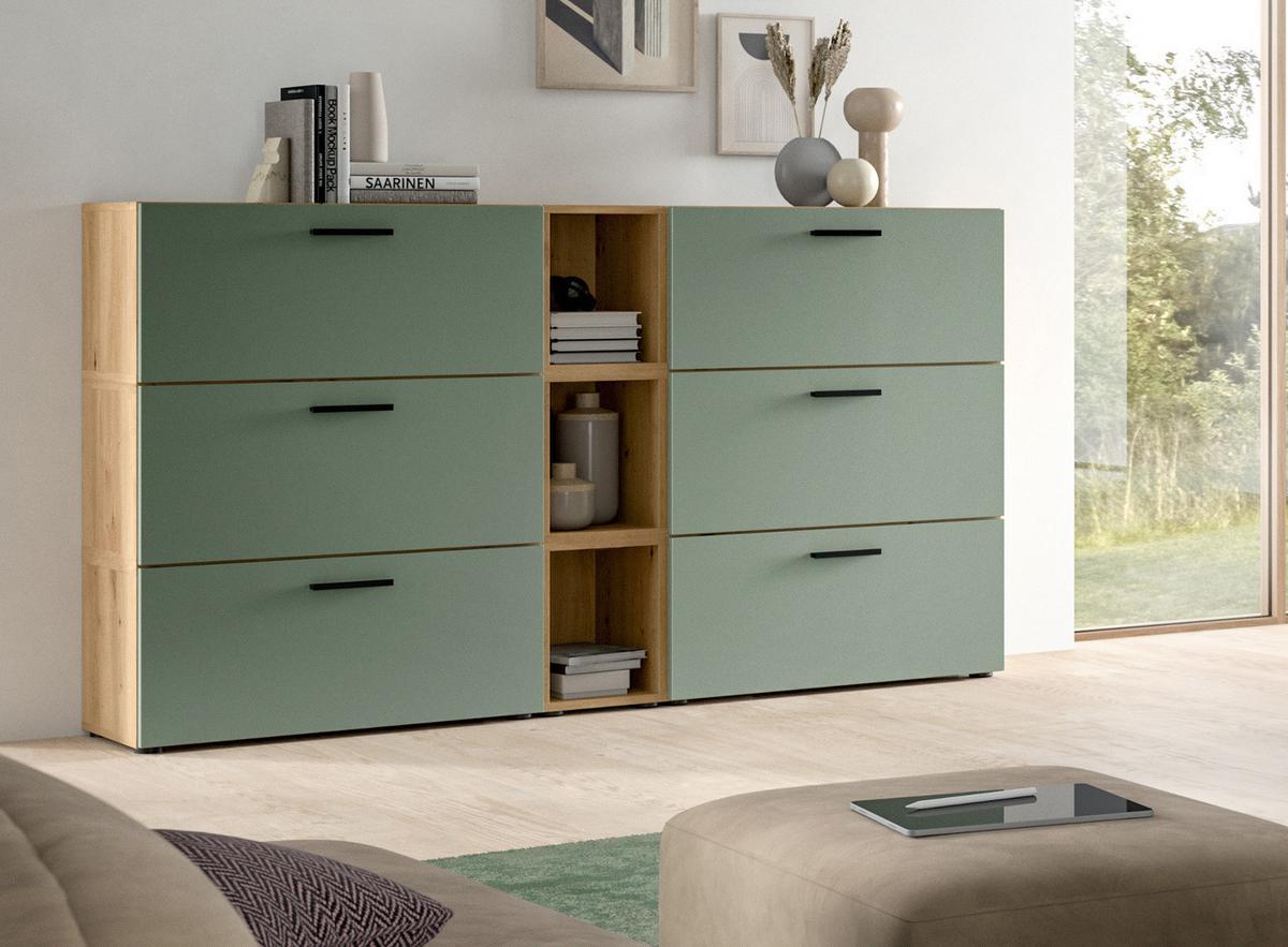 SIDEBOARD grün, Eiche Artisan 176 cm, Kommode mit Soft-Close - Schwarz/Eiche Artisan, Holzwerkstoff/Kunststoff (176/99/34cm) - Inn.Furn