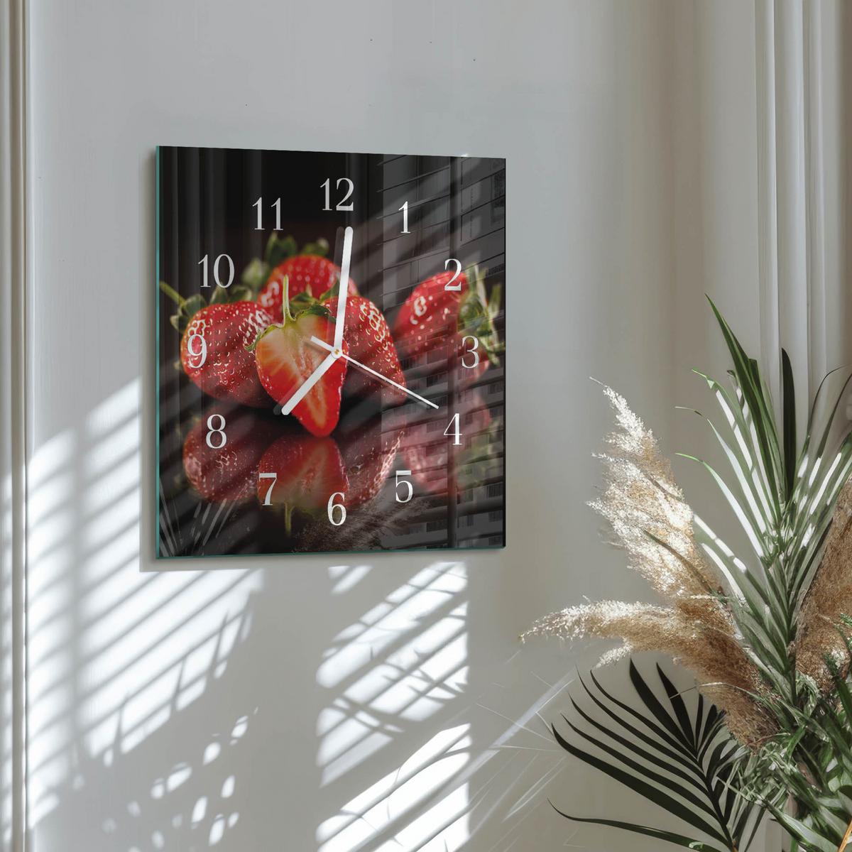 WANDUHR aus Glas 30x30 cm - Erdbeeren - Rot, Glas (30/30/0.4cm) - TULUP