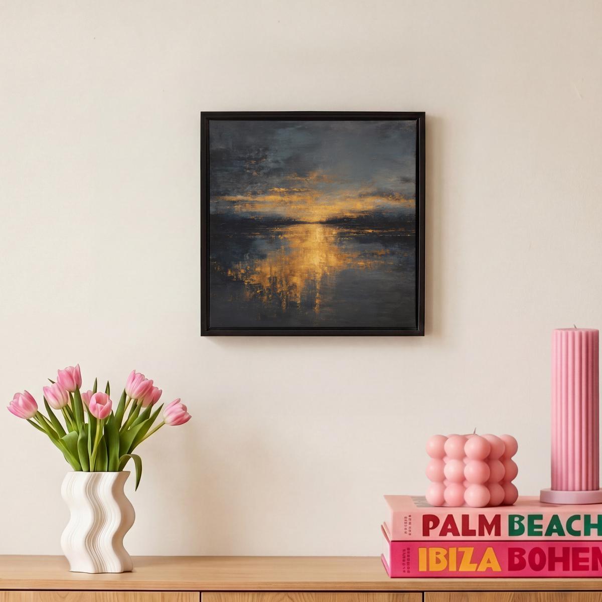 LEINWAND Bilder mit Rahmen - Goldene Reflexion auf dem Wasser - 20x20 - Anthrazit, Textil (20/20cm) - MuchoWow