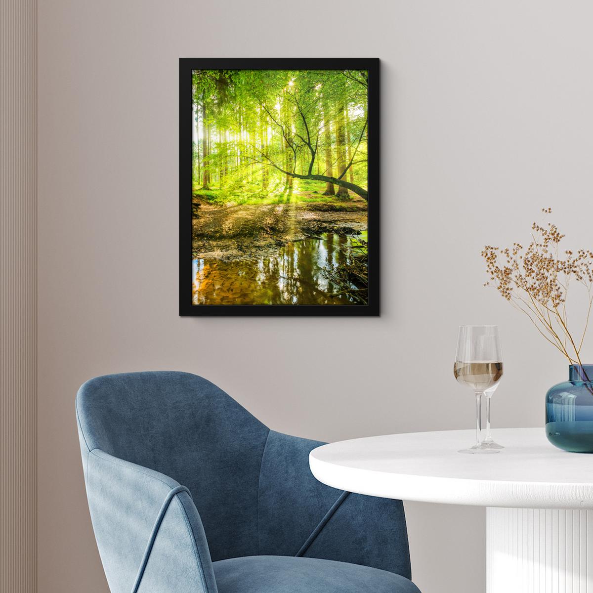 POSTER MIT RAHMENGERAHMTES BILD Wald - Landschaft - Wasser - Bäume - Sonne - Grün - Natur Bilderrahmen 30x40 cm - Grün, Papier (30/40cm) - MuchoWow