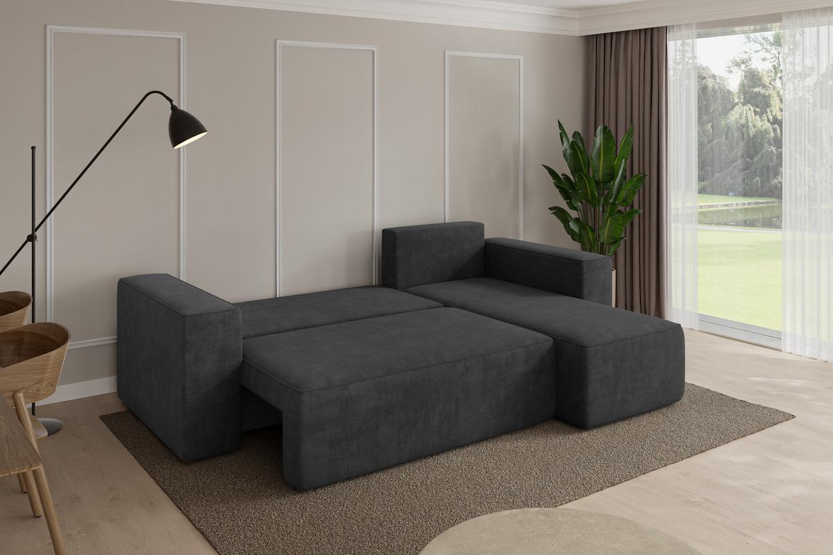 ECKSOFA mit Schlaffunktion Ottomane Rechts SENO-L 249x139x85 Dunkelgrau Velours - Anthrazit/Schwarz, Holzwerkstoff/Kunststoff (249/139cm) - ALTDECOR