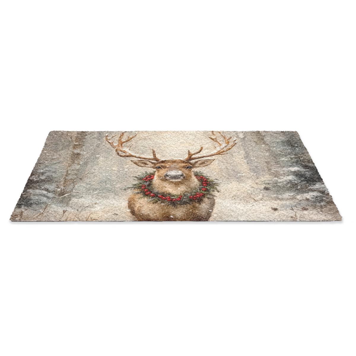 FUSSMATTE Weihnachten - Rentier - Winter - Kranz Flurteppich 60x40 cm - Braun, Kunststoff (60/0.4cm) - MuchoWow
