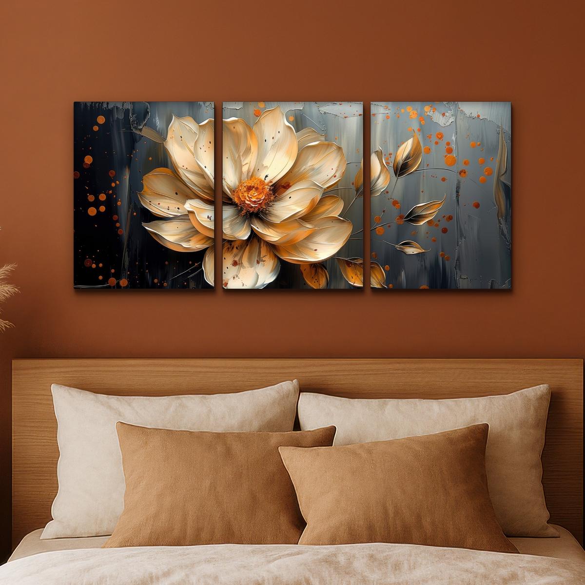 LEINWANDBILD 3er Set Blume - Gold - Abstrakt - Farbe 90x40 cm - Creme, Textil (90/40cm) - MuchoWow