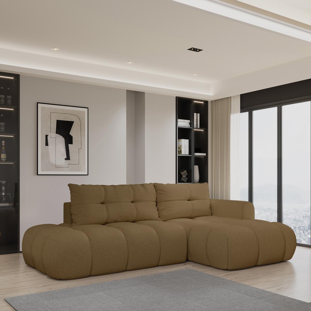 ECKSOFA FLUMA R-S Orange Boucle-Stoff mit Schlaffunktion - Orange, Holz (279/158cm) - MASSENO