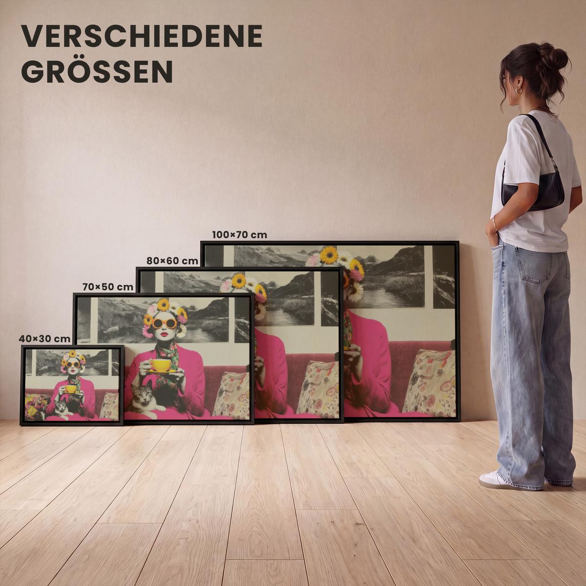 LEINWAND Bilder mit Rahmen - Frau - Katze - Blumen - Tasse - Retro - 70x50 - Magenta, Textil (70/50cm) - MuchoWow