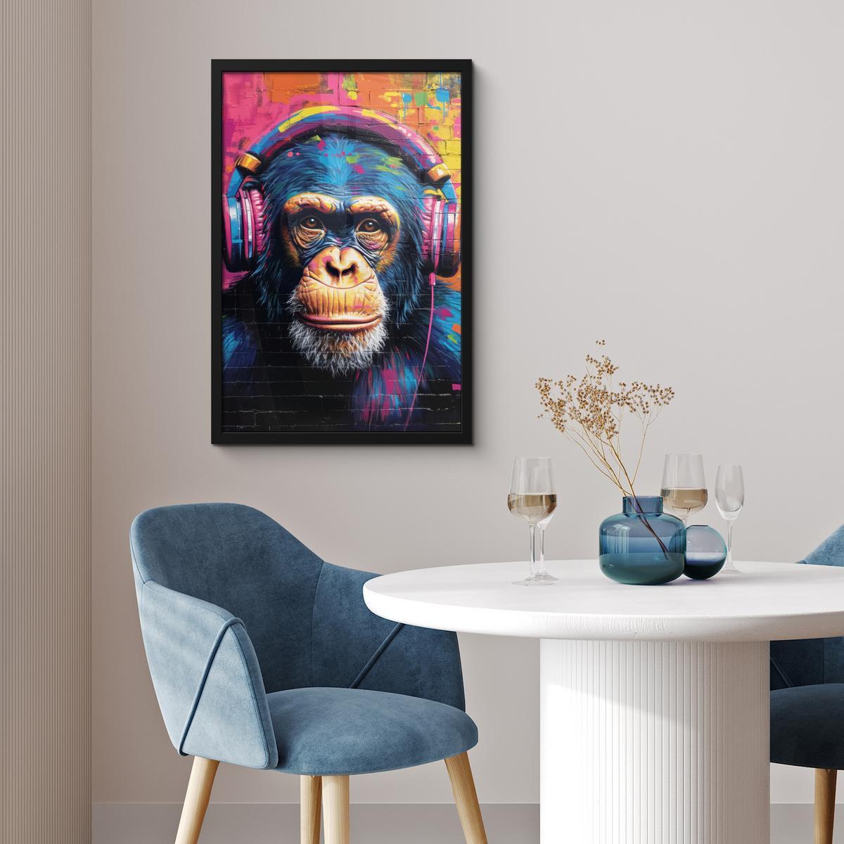 POSTER MIT RAHMEN Graffiti - Schimpanse - Straßenkunst - Kopfhörer - Affe Bilder mit Rahmen 40x60 cm - Blau, Papier (40/60cm) - MuchoWow