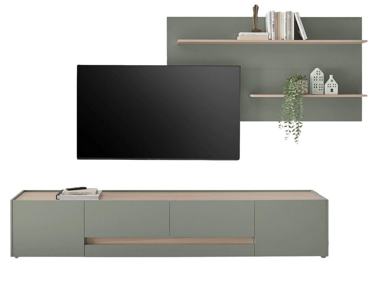 WOHNWAND in Salbei Grün mit Eiche, Wohnkombination 2-teilig mit XXL TV-Lowboard, Breite 300 cm - Salbeigrün/Eichefarben, Holz/Holzwerkstoff (300/190/45cm) - Furn.Design