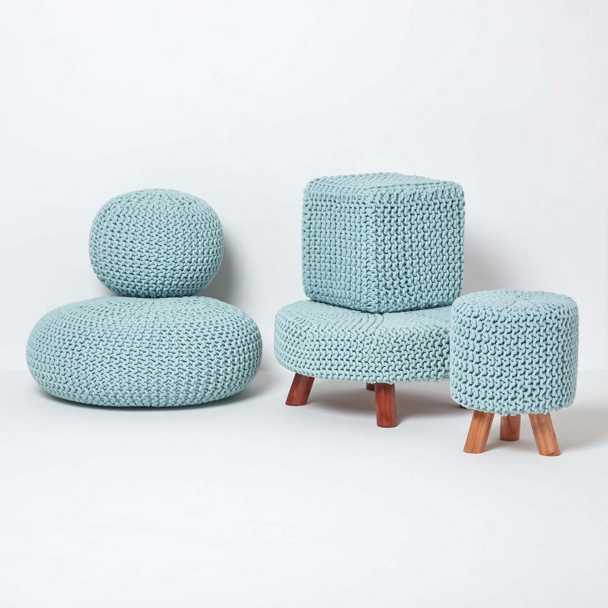 STRICK-POUF pastellblau, Bodenkissen rund 70/70/23 cm - Hellblau, Textil (70/23/70cm) - Homescapes