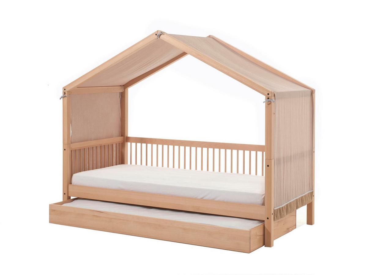 HAUSBETT Kelci 90x200 mit Dach und Textilhimmel Buche massiv natur - Buchefarben, Holz (90/200cm) - 58aufmkessel