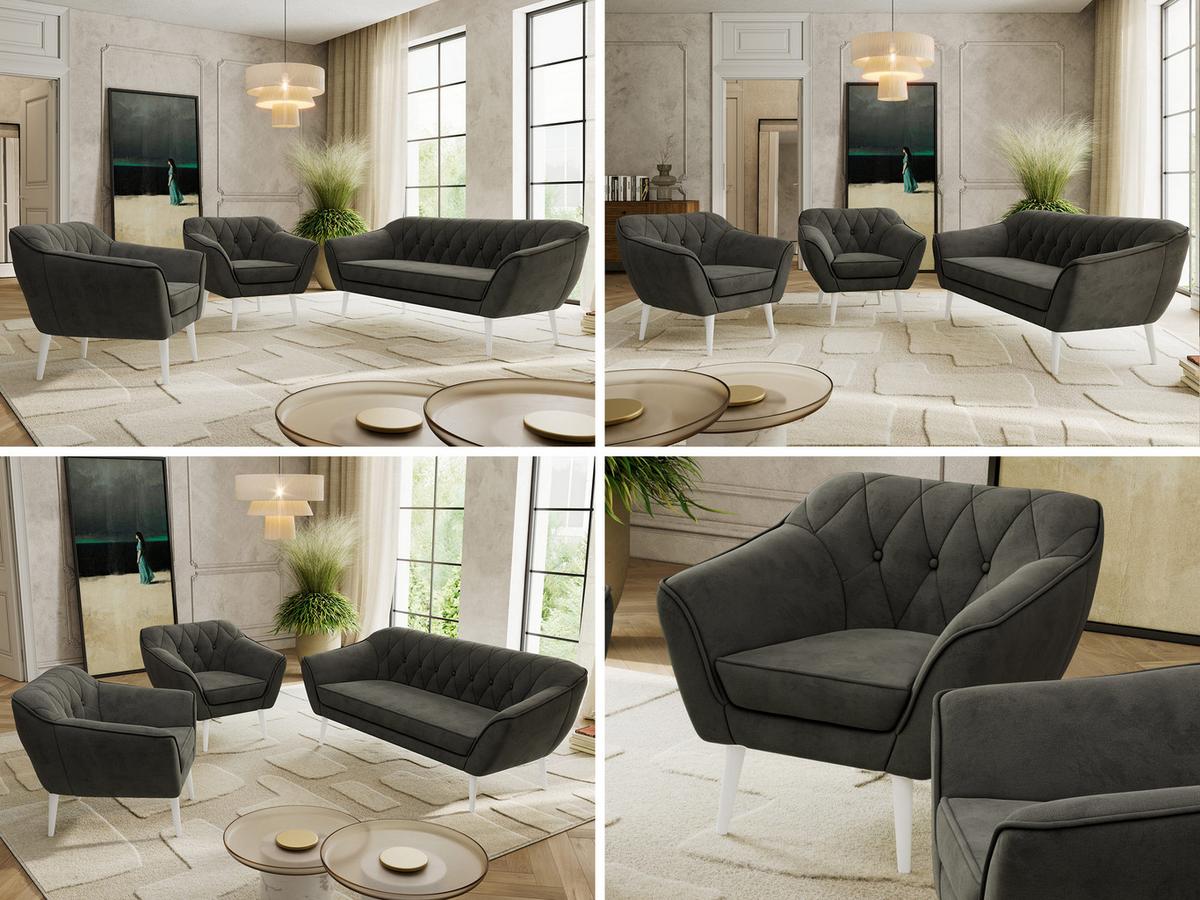 SITZGARNITUR PIRS 3+1+1 - Dunkelgrau Velvet - Weiße Beine - Dunkelgrau/Weiß, Holzwerkstoff/Textil (180/75/74cm) - MKS