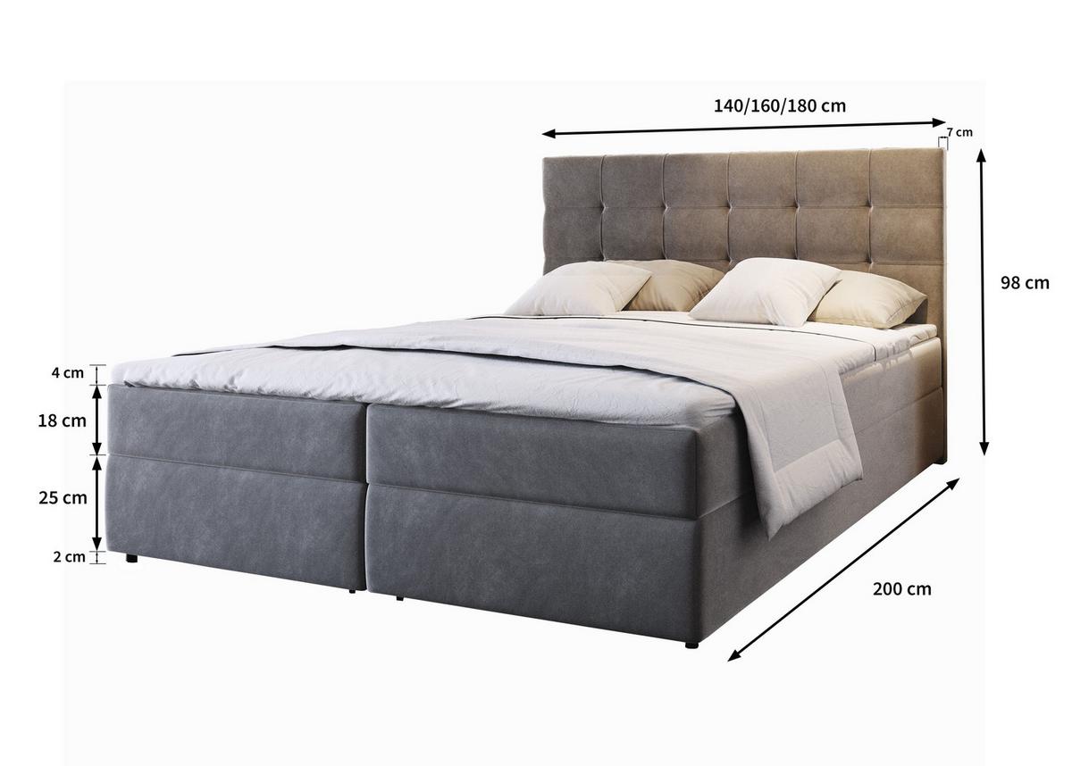 BOXBETT GLOS 160x200 cm mit Matratze und Topper, H2+H3 - Grau - Grau, Holz (160/200cm) - MASSENO