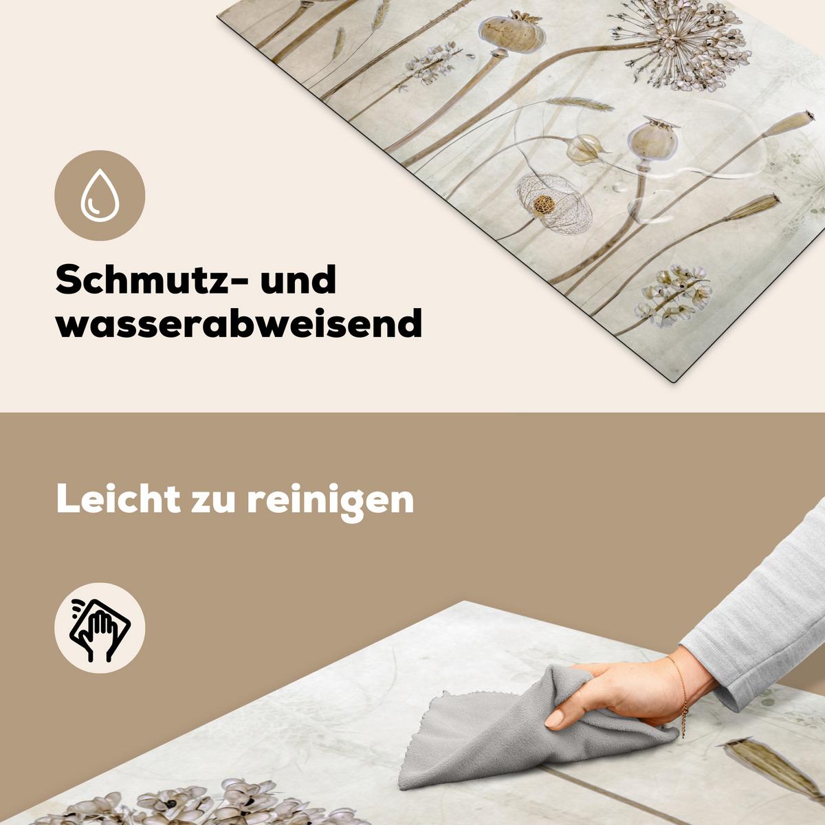 HERDABDECKPLATTE Blumen - Aquarell - Stilleben - Braun - Vintage Induktionsschutz 91.2x52 cm - Sandfarben, Kunststoff (91.2/52/0.2cm) - MuchoWow