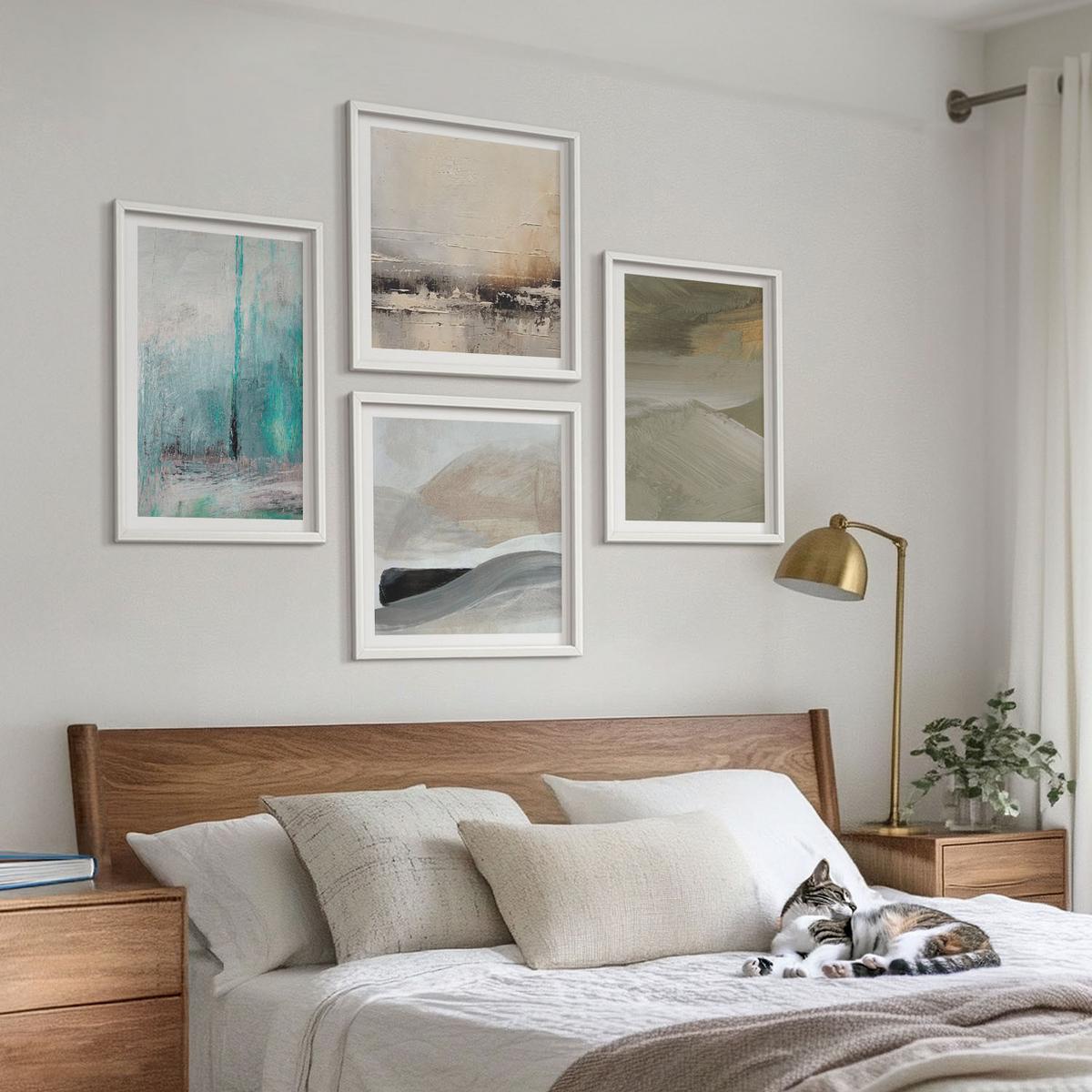BILDER SET 4er Set - 50x50 cm & 40x60 cm Weißer Rahmen - Gemalte abstrakte Dekorationen - Weiß, Kunststoff (50/50cm) - TULUP