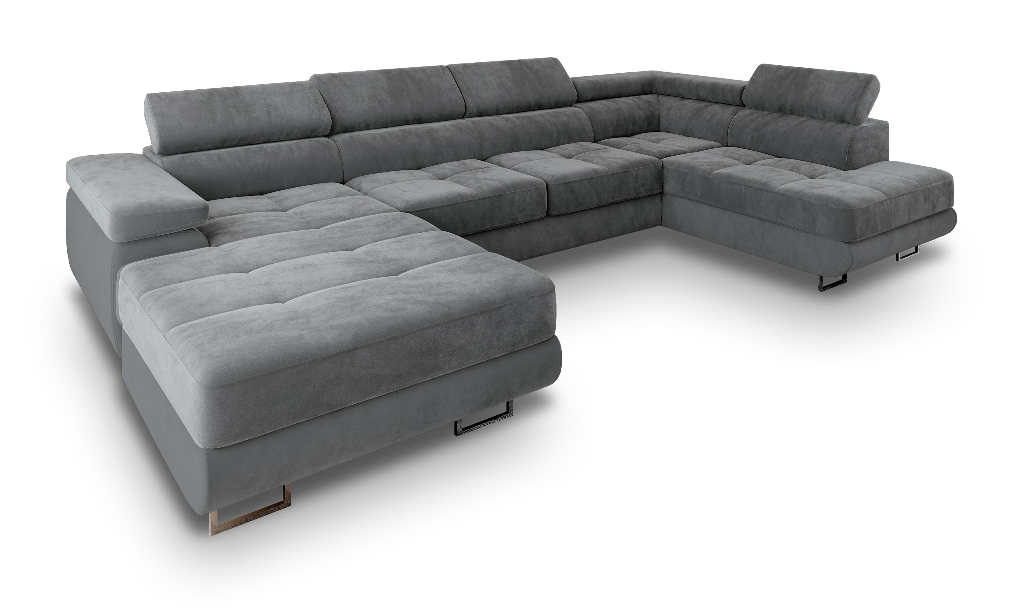 WOHNLANDSCHAFT CASONE R-S Grau Velours-Stoff mit Schlaffunktion - Silberfarben/Grau, Holz/Textil (345/90/202cm) - MASSENO