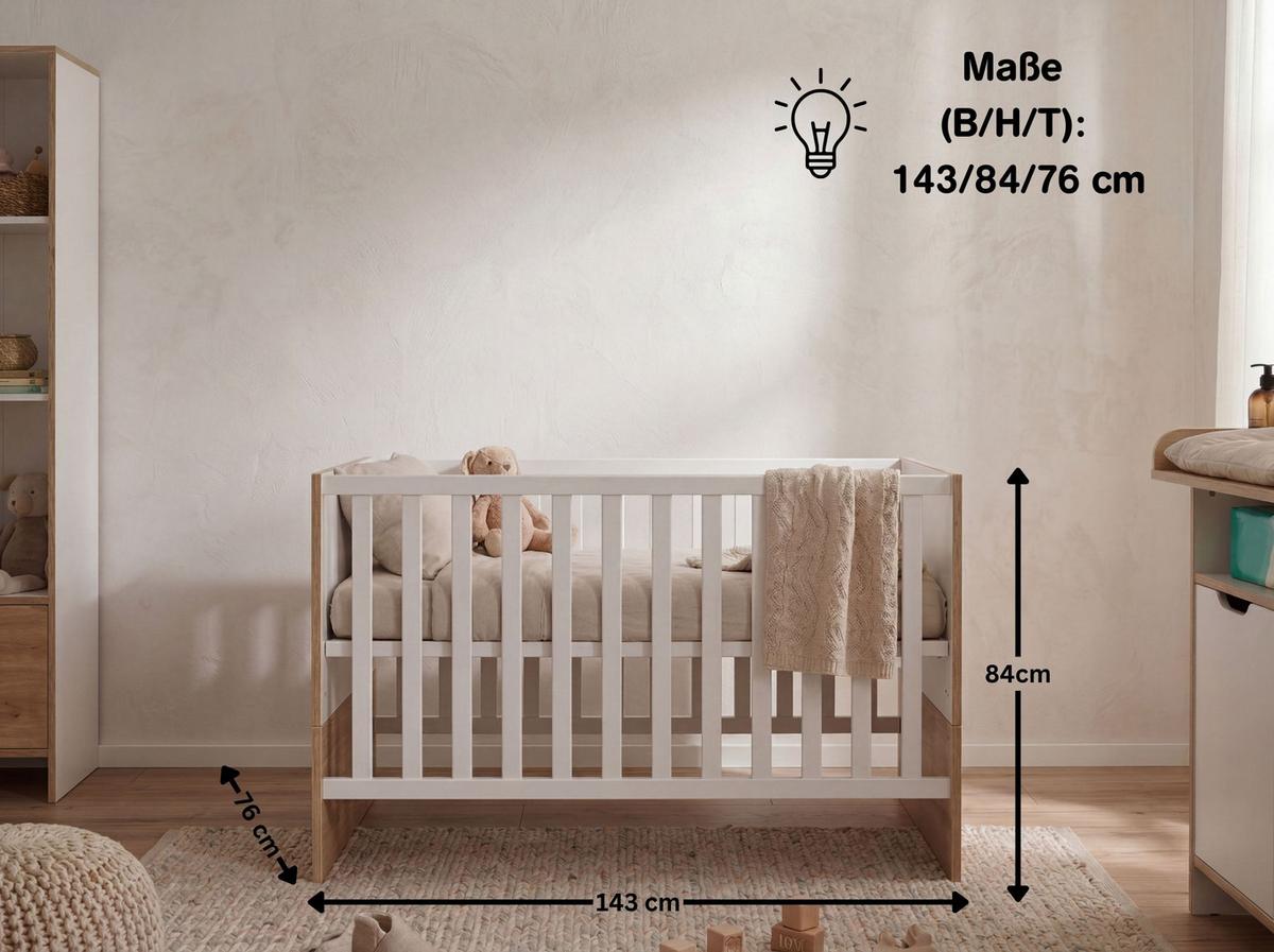 BABYZIMMER SET Maxim 2-tlg. Wickelkommode Babybett - Weiß/Eiche Artisan, Holzwerkstoff (1/1/1cm) - arthur berndt