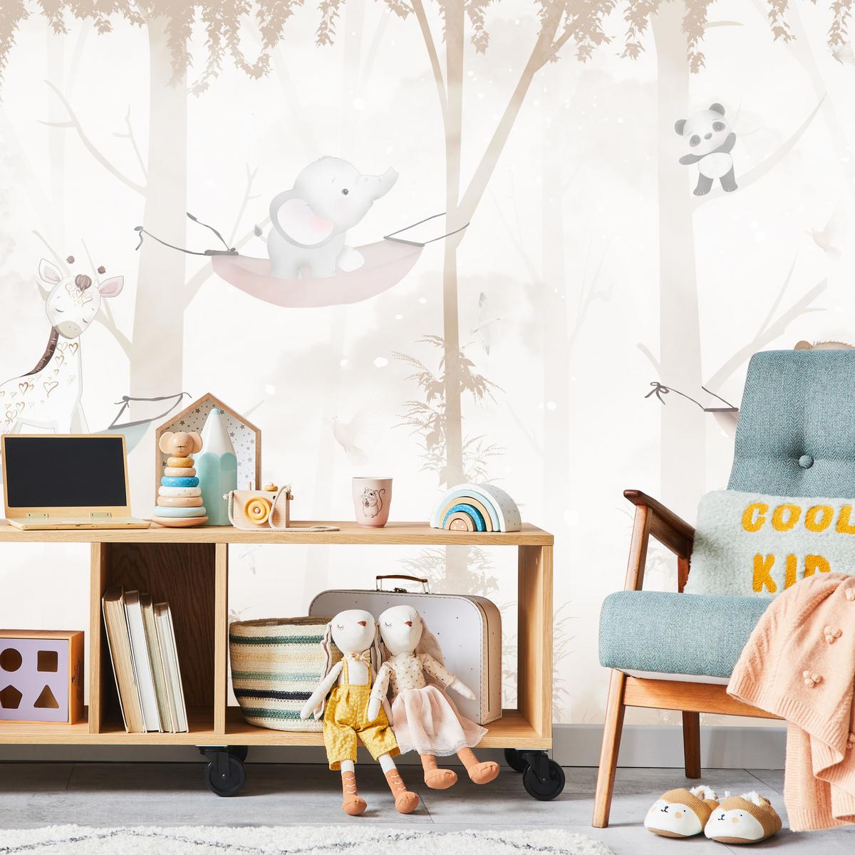 FOTOTAPETE für Kinderzimmer Tiere Hängematten WALD Elefant Giraffe 400x280 - Beige/Schwarz, Papier (400/280cm) - Muralo
