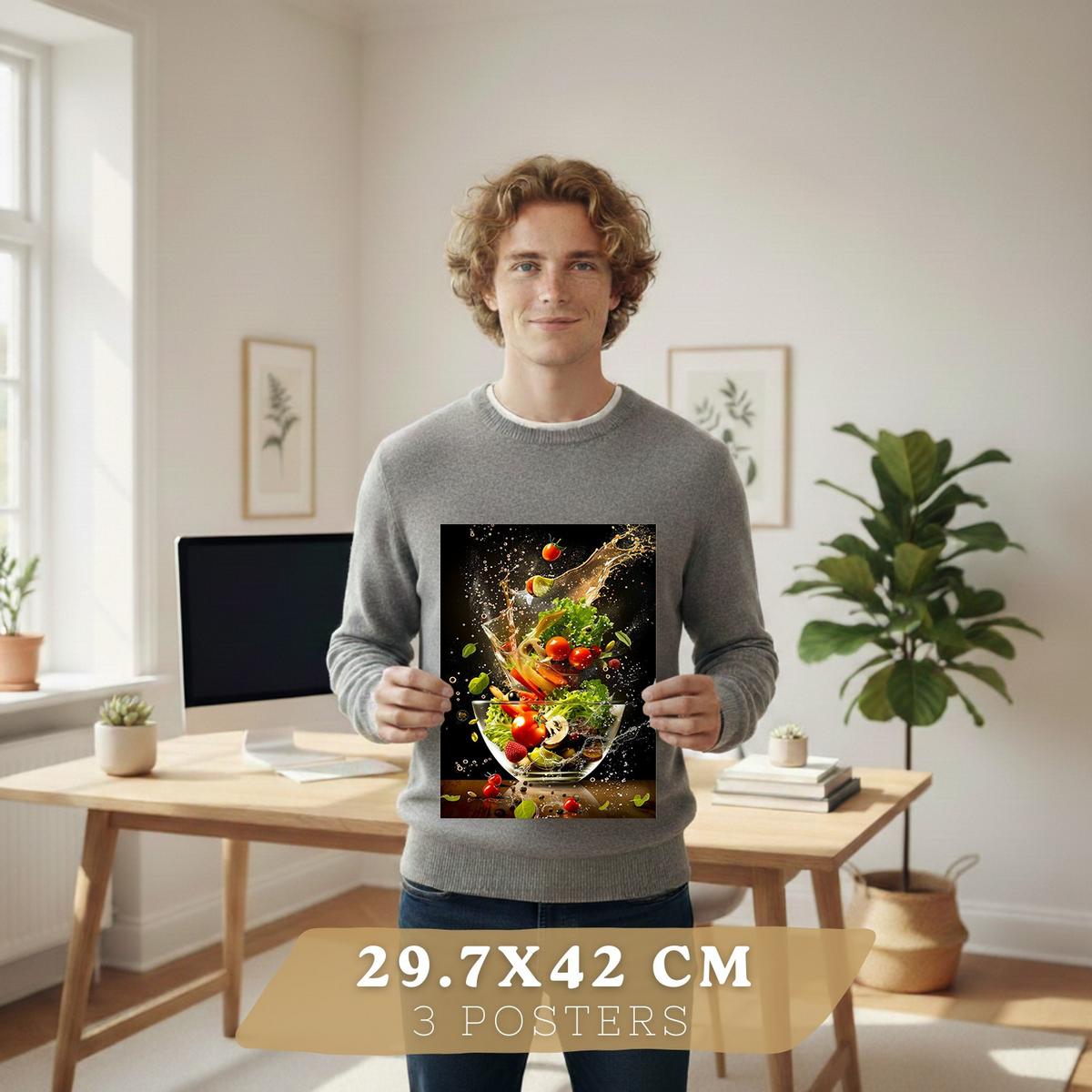 POSTER 3er Set Küchen-Wandbilder Dessert Salat und Obst Splash Fotografie Schwarzer Hintergrund Esszimmer Leichter Holzrahmen A3 - Beige, Papier (29.7/1/42cm) - Nacnic